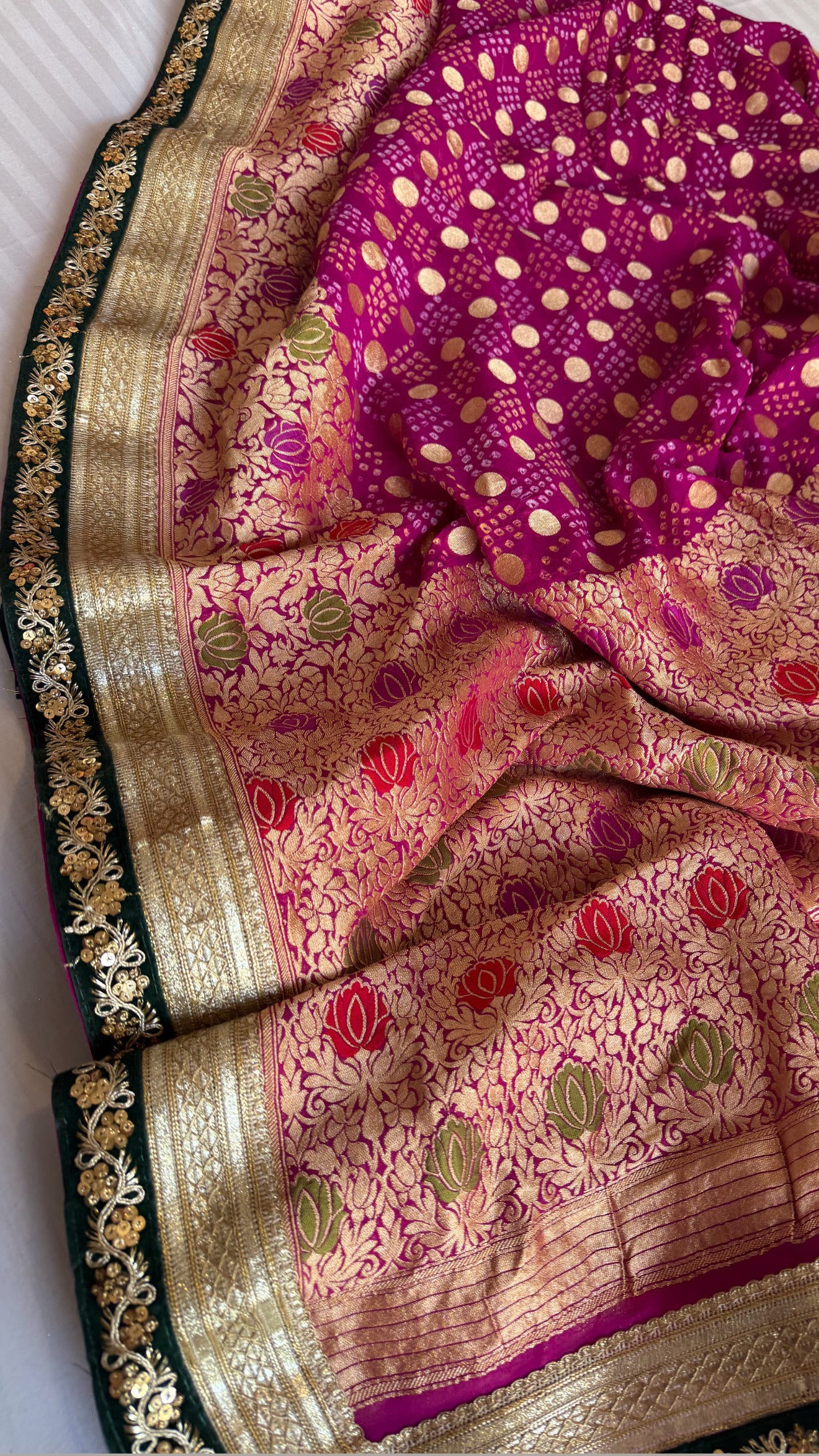 Magenta purple banarasi bandhej gorgette kadhwa meenakari saree