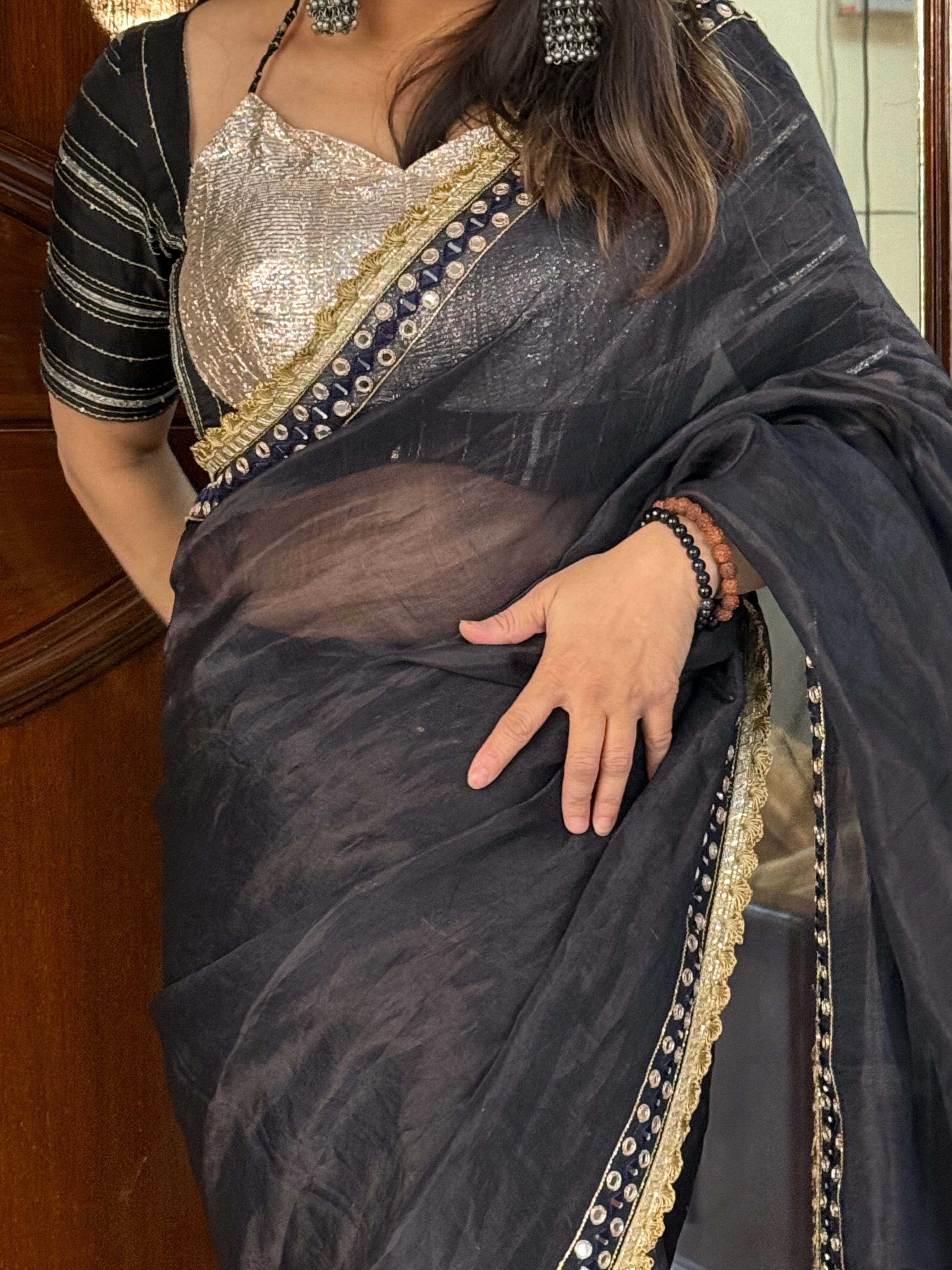 Mirror work midnight blue tissue silk hand embroidered kadhwa saree