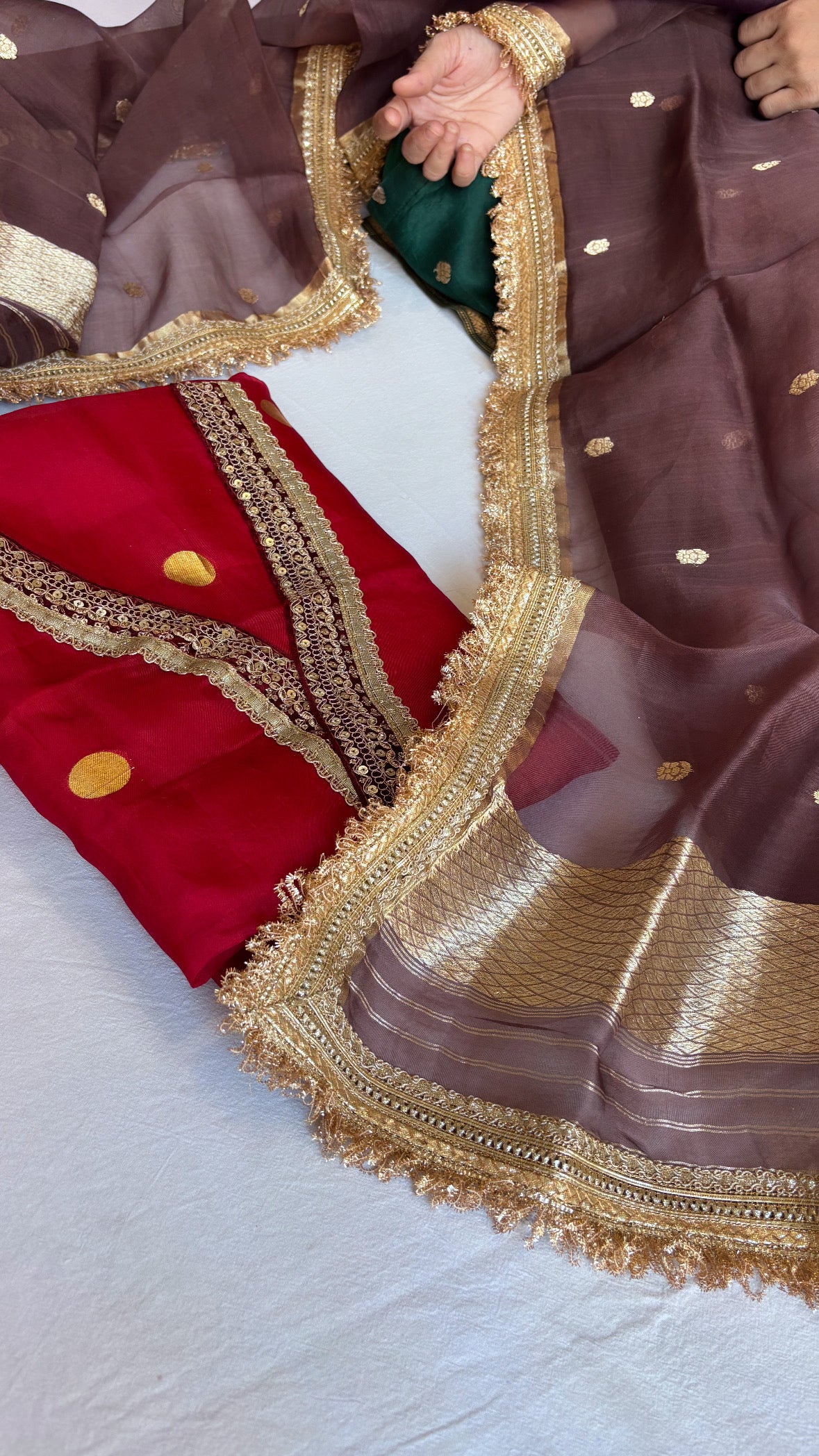 Banarasi kora silk red-lilac contrast gotapatti suit sets