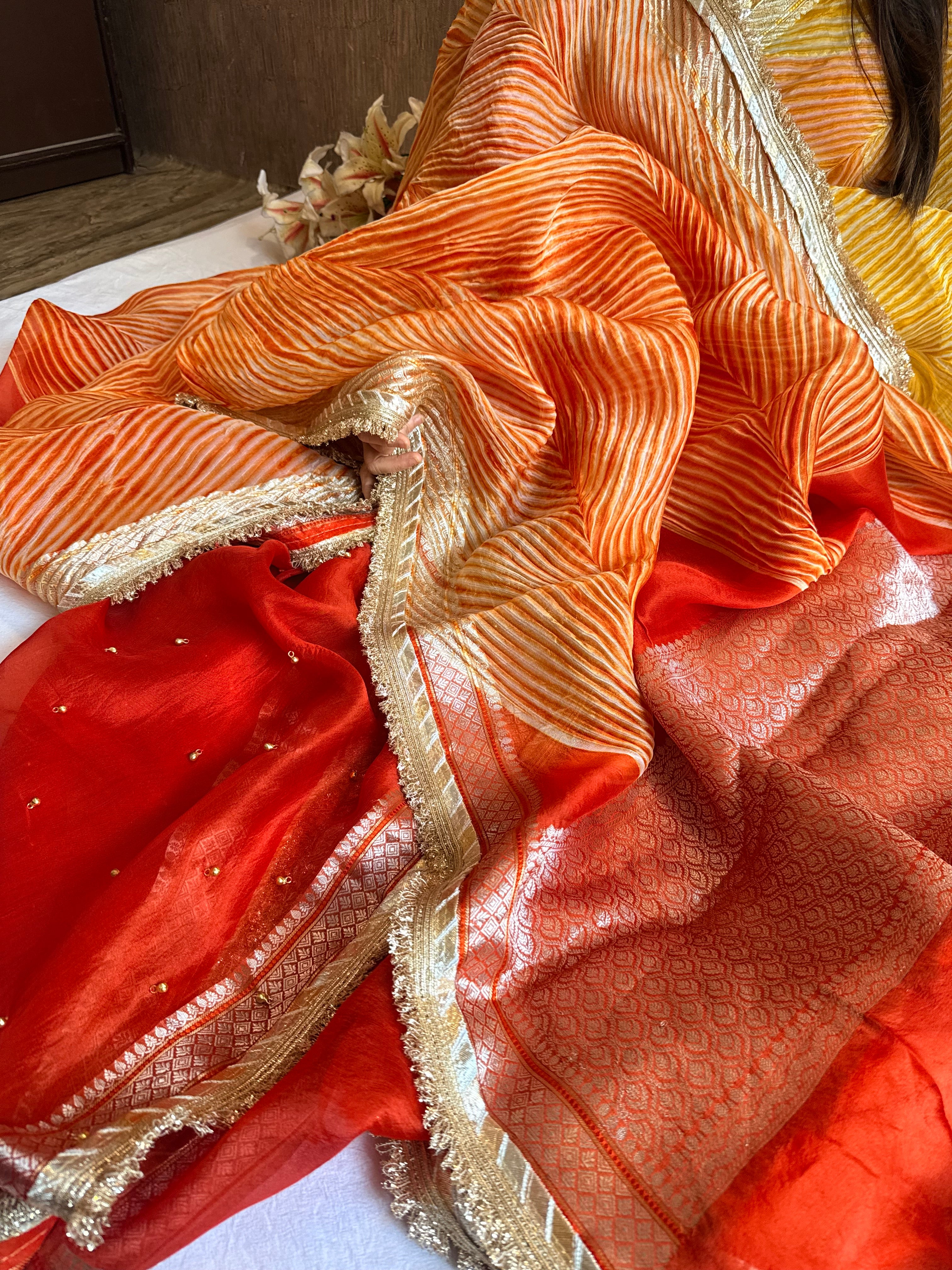 Arshi dye ghungro work kora silk banarasi kadhwa weaving saree