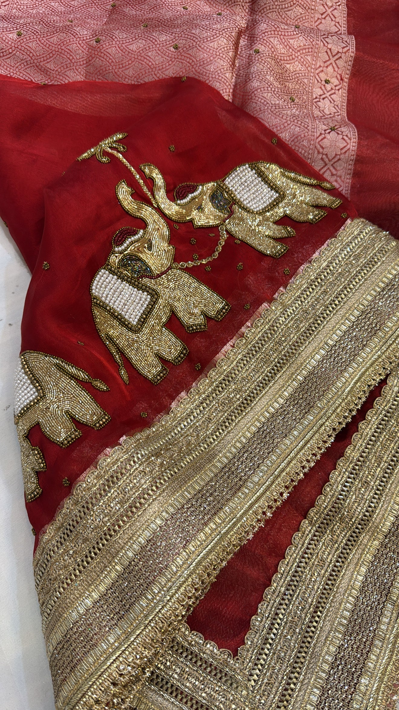 Varmala wali sarees - Midnight blood red tissue silk elephant motif heavy hand embroidered saree