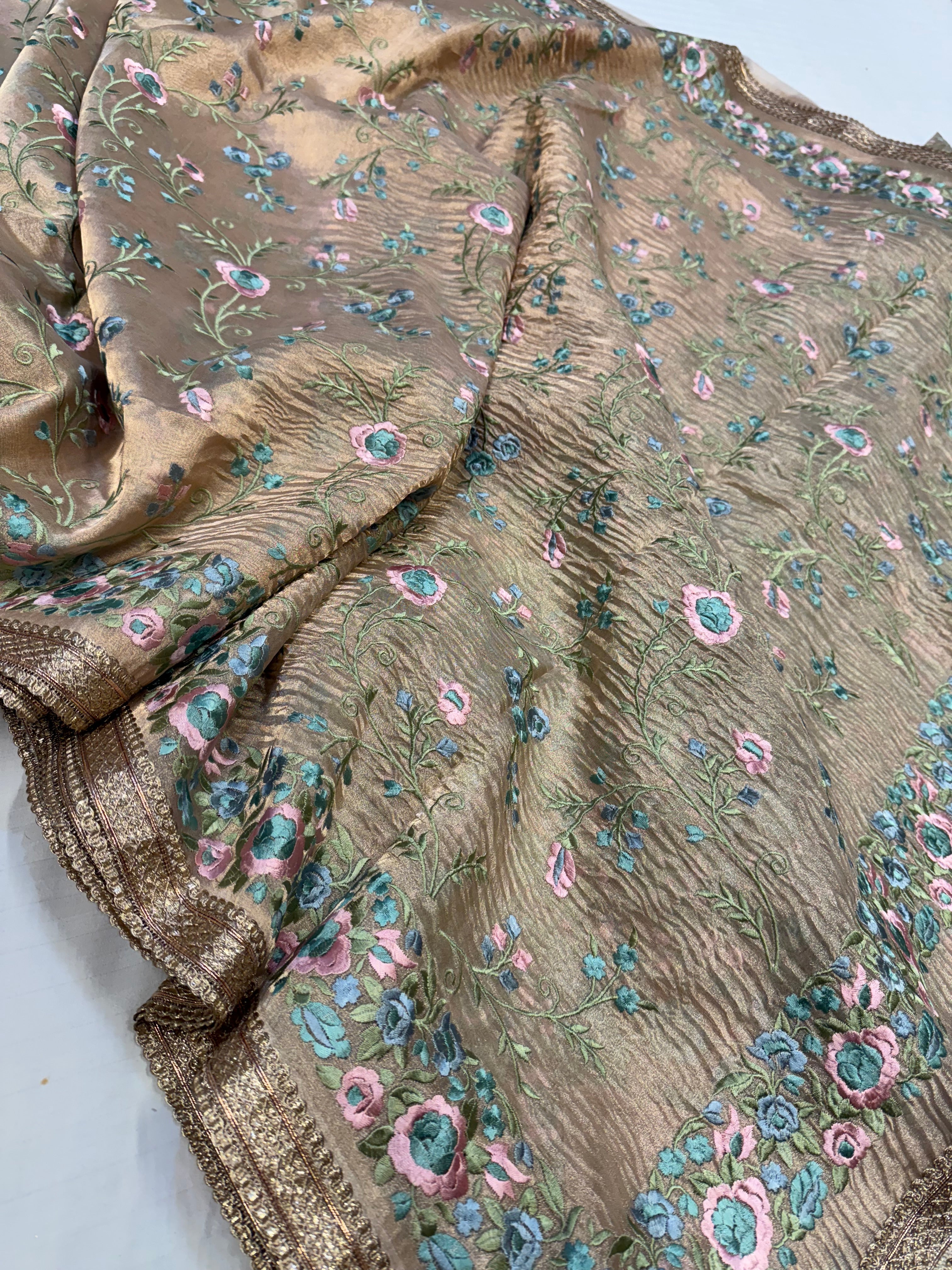 “Parsi gara” inspired tissue silk heavy resham work hand embroidered kadhwa saree