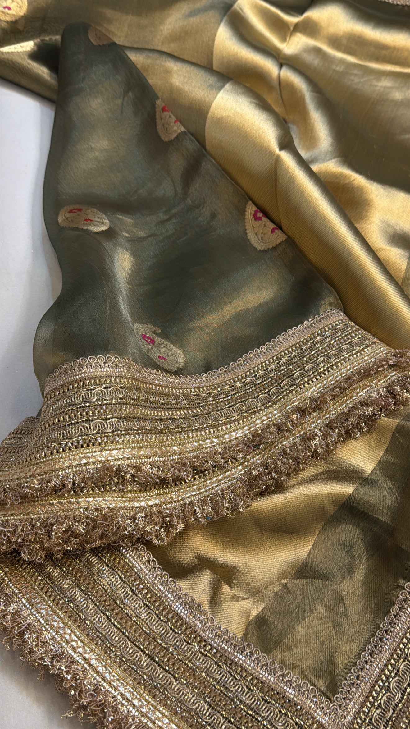 Sage green tissue silk meenakari maharani tissue silk saree