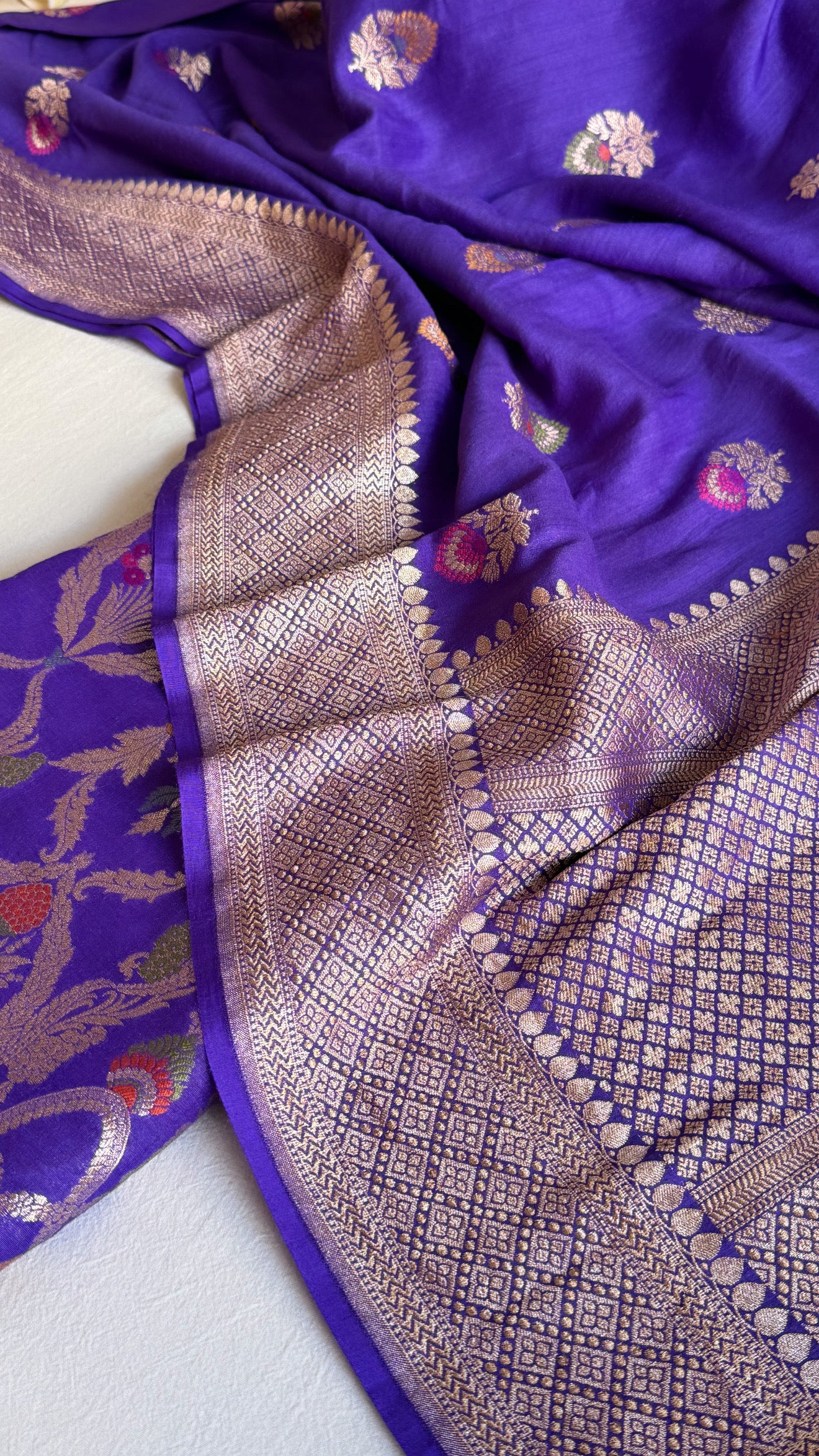 Moonga silk bright purple meenakari kadhwa jungla brocade suit set