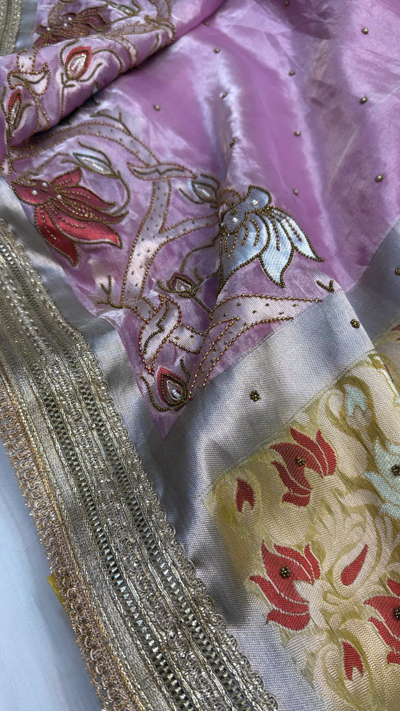 Wedding edit - Husn blush pink - gold combination tissue silk meenakari hand embroidered saree