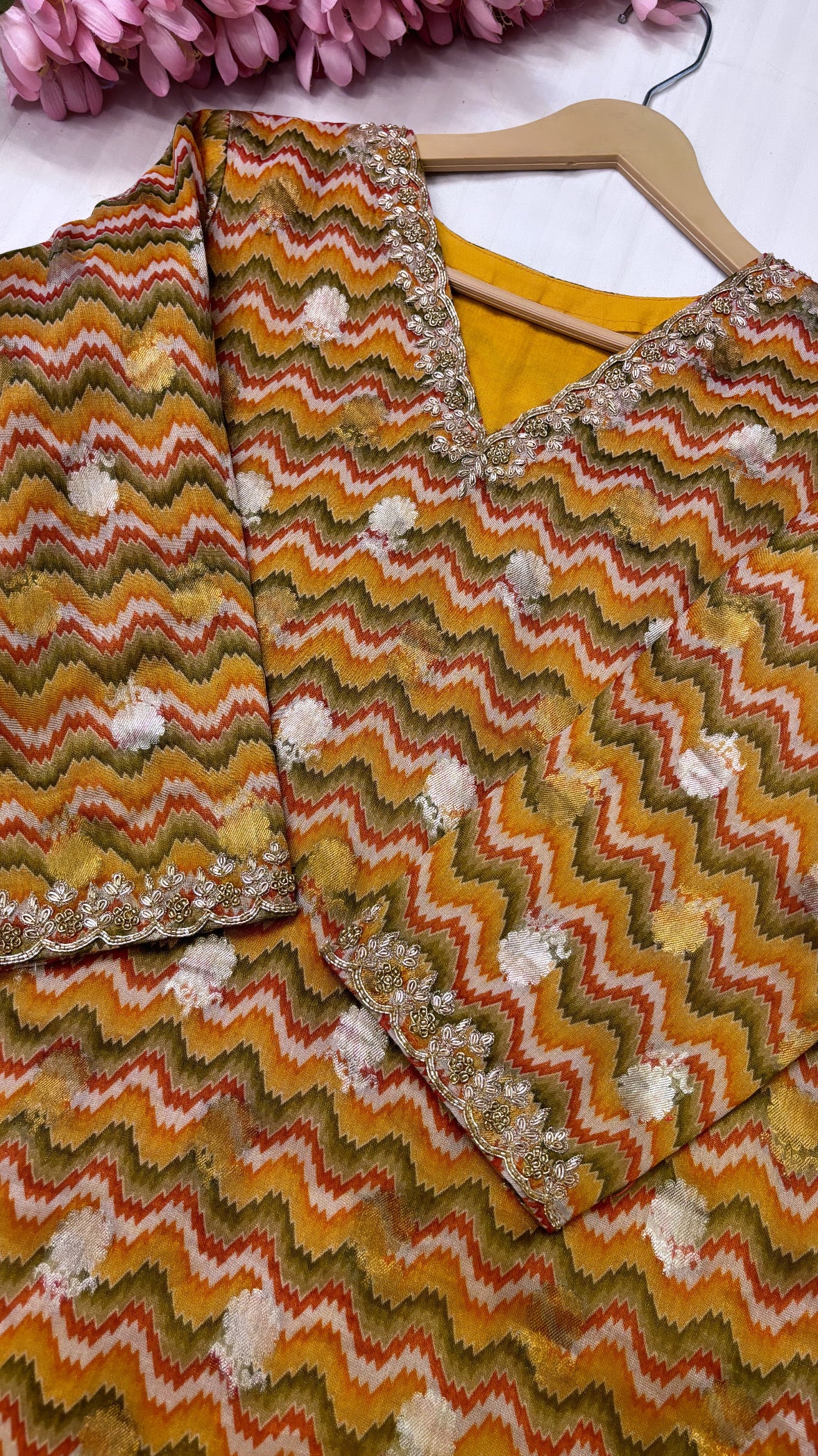 Pure banarasi  tissue gorgette kadhwa buti handwoven and hand embroidered printed stitched kurti