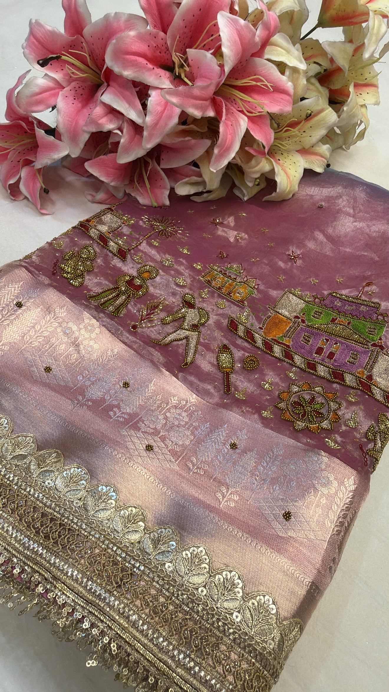 Blush pink-blue ombre shaded tissue silk hand embroidered saree