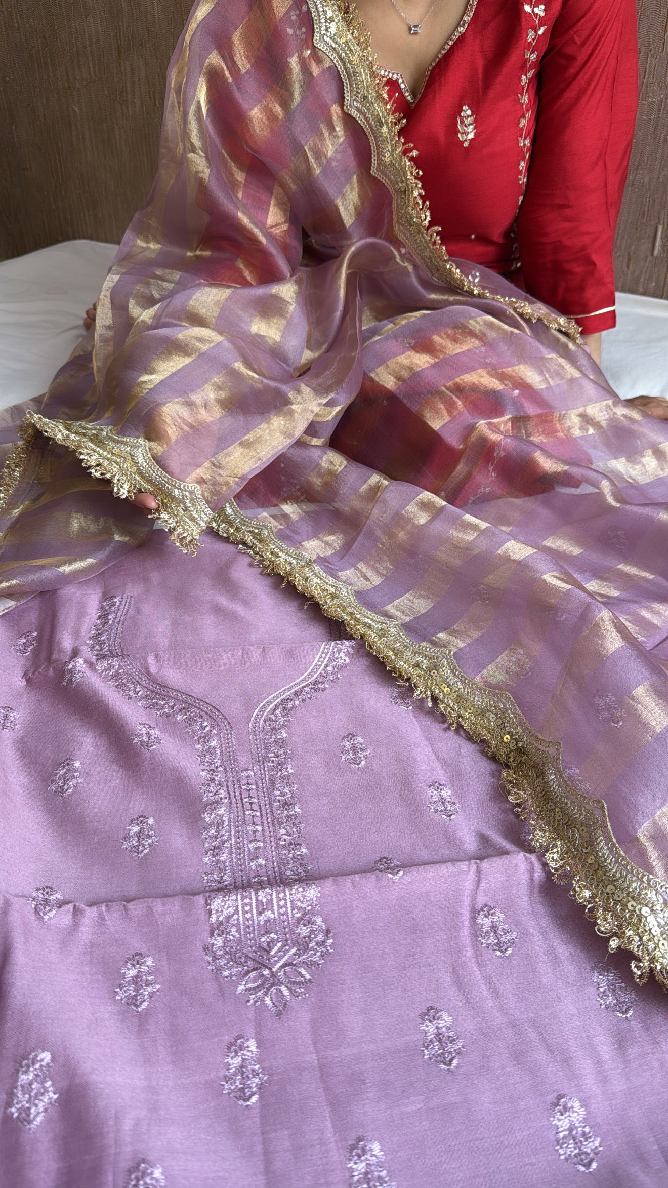 Banarasi cotton silk hand embroidered kurta paired with kora tissue striped duppata set