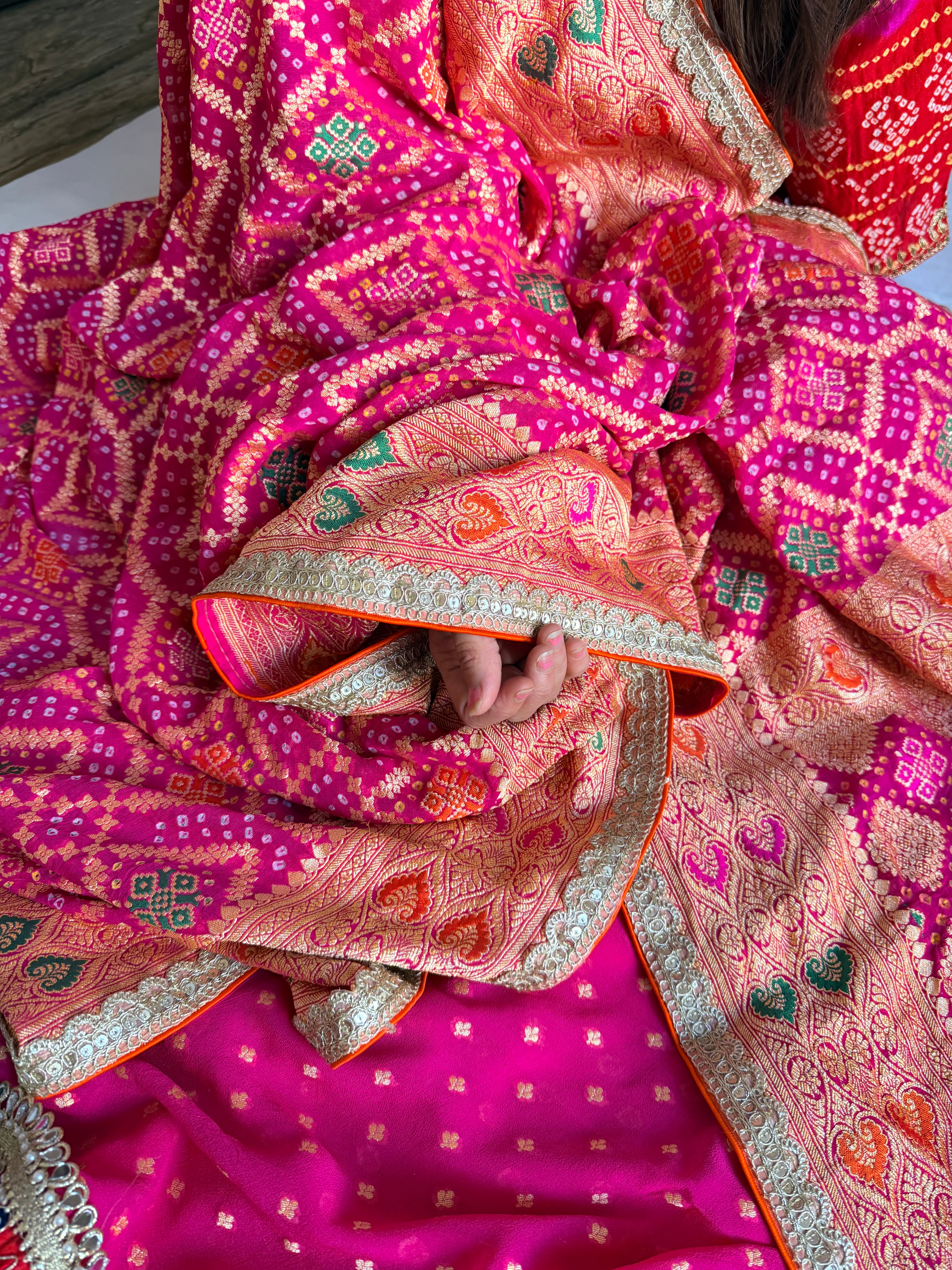 Rai bandhej rani pink banarasi chiffon gorgette gotapatti suits