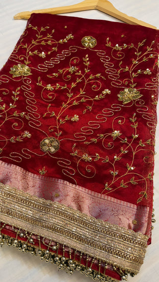 Trousseau edit — Hot blood red husn tissue silk hand embroidered saree