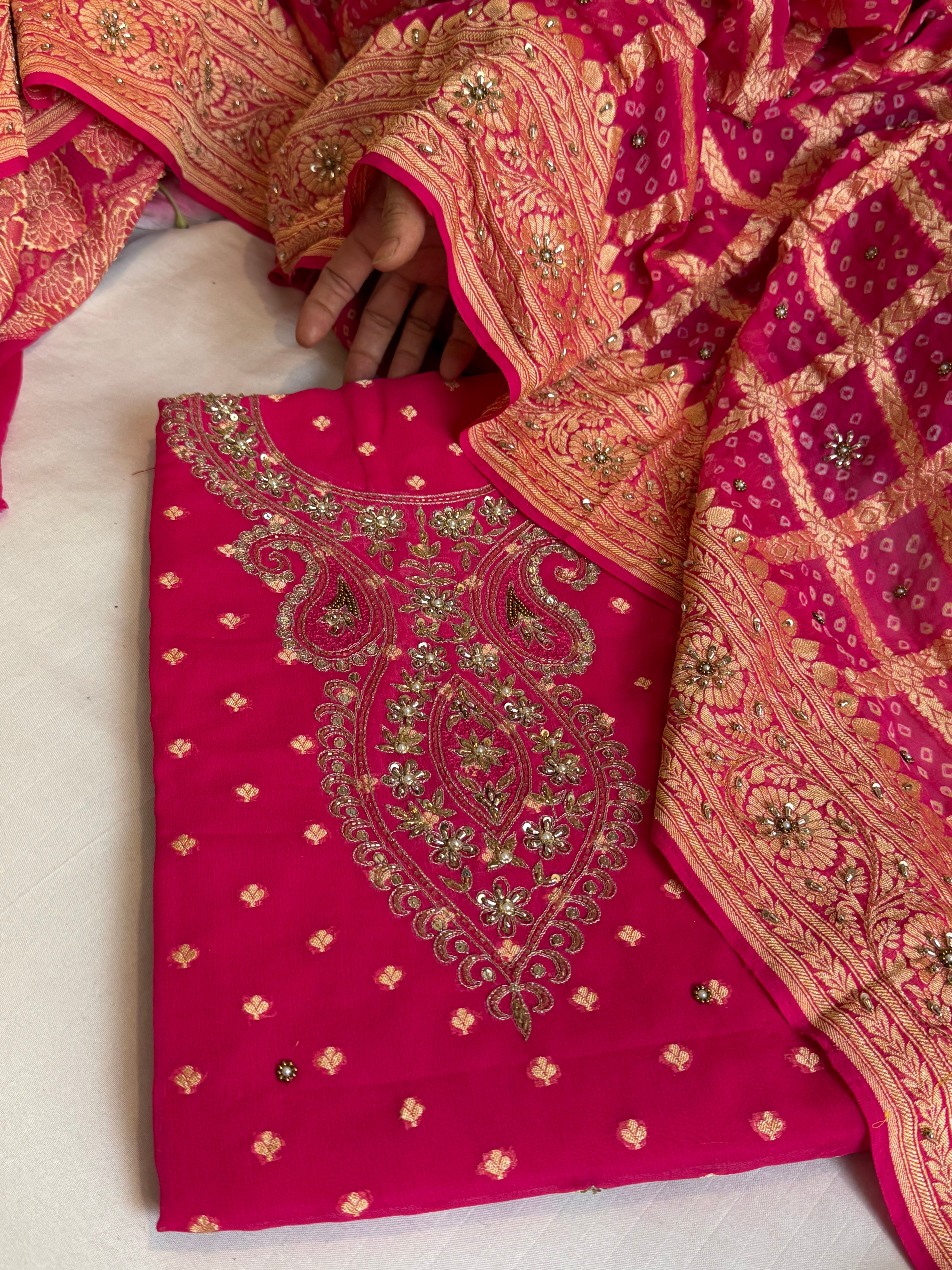Hot fuschia pink rai bandhej Banarasi gorgette kadhwa hand embroidered suit set