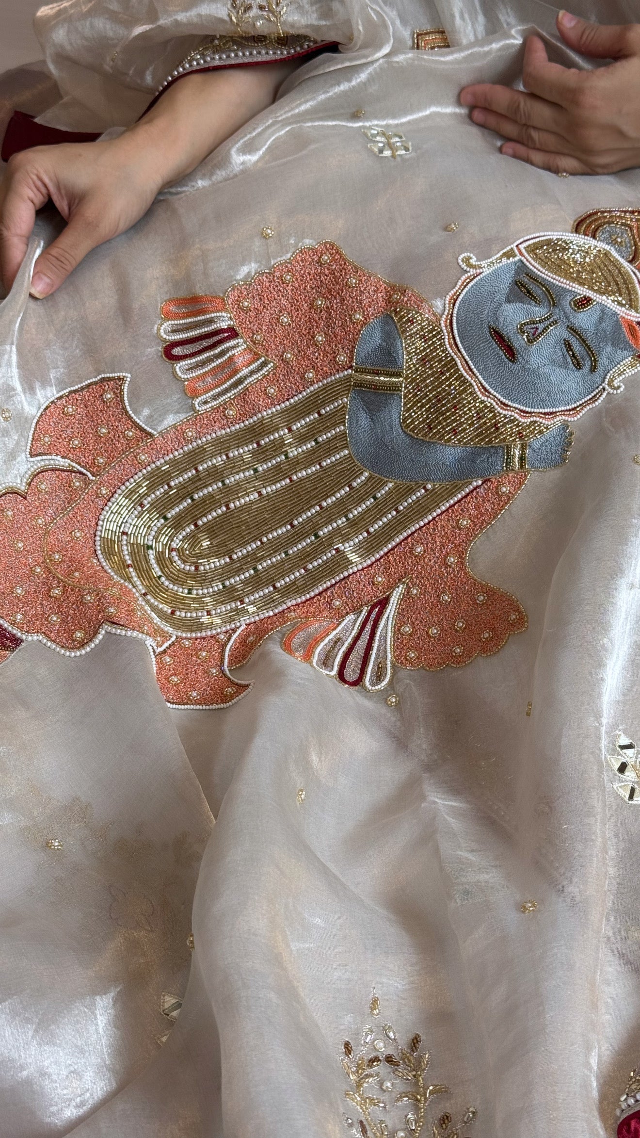 Radhika merchant inspired shreenathji motif diamond tissue silk hand embroidered saree