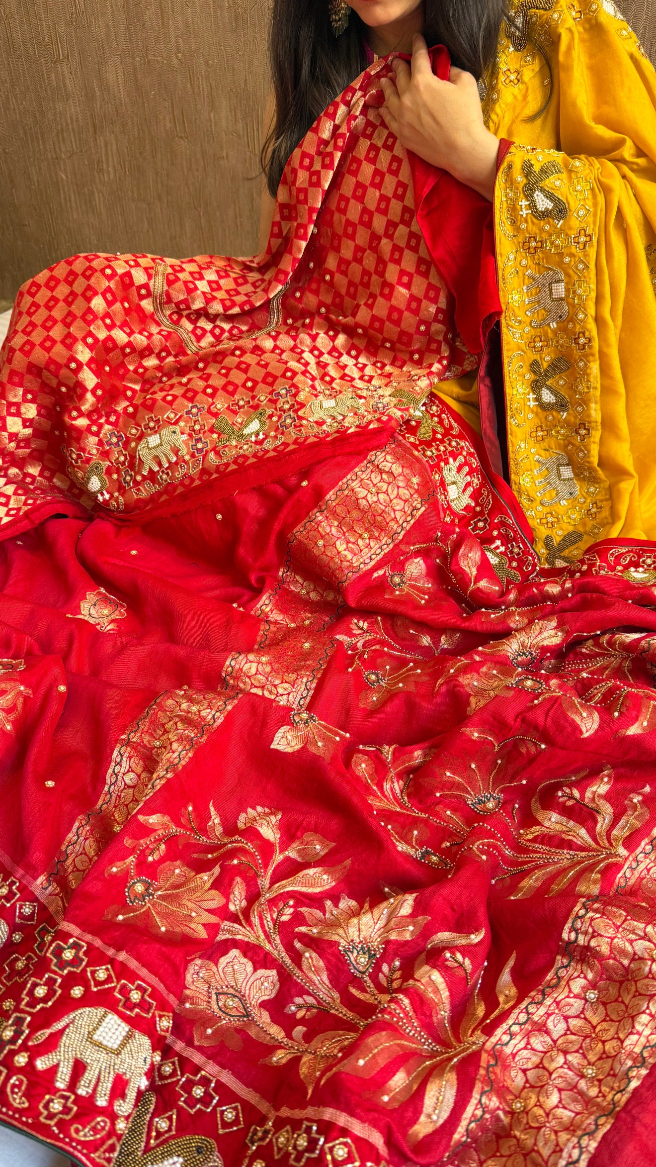 Moonga silk ikkat Patola weaving inspired hand embroidered kadhwa weaving saree