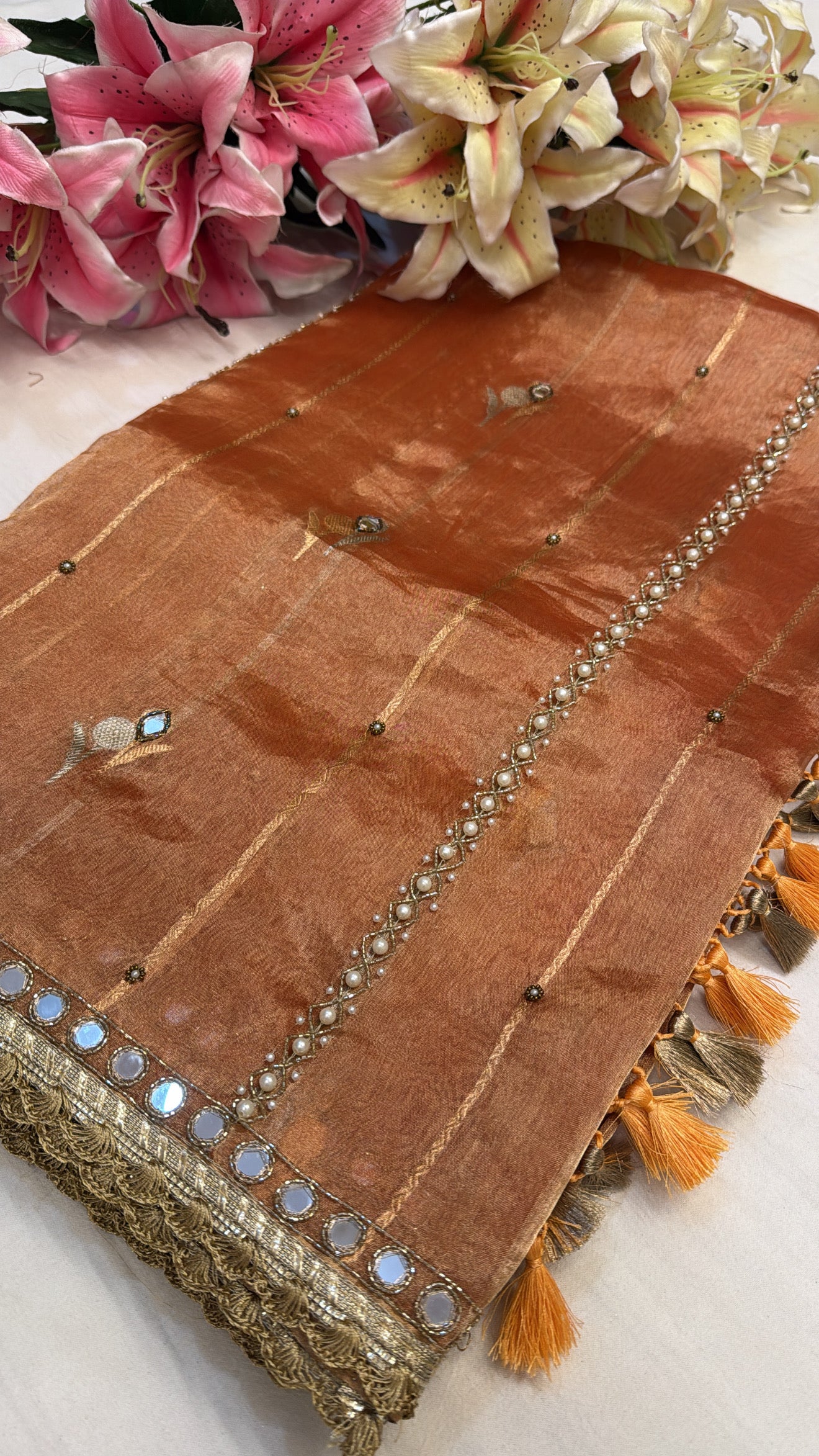 Burnt orange husn tissue silk hand embroidered kadhwa saree