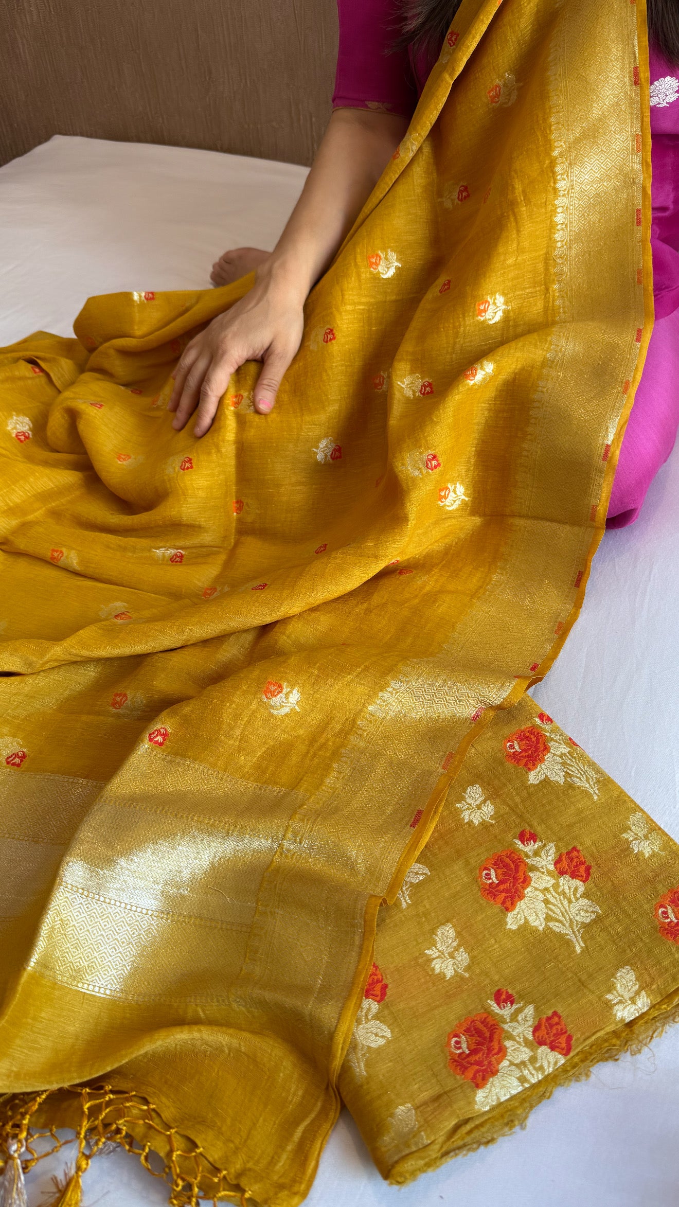 Linen gorgette olive mustard meenakari kadhwa rose buta suit set