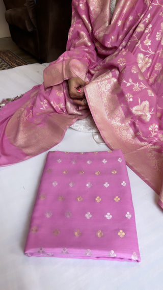 Baby pink moonga silk kadhwa jaal suit set