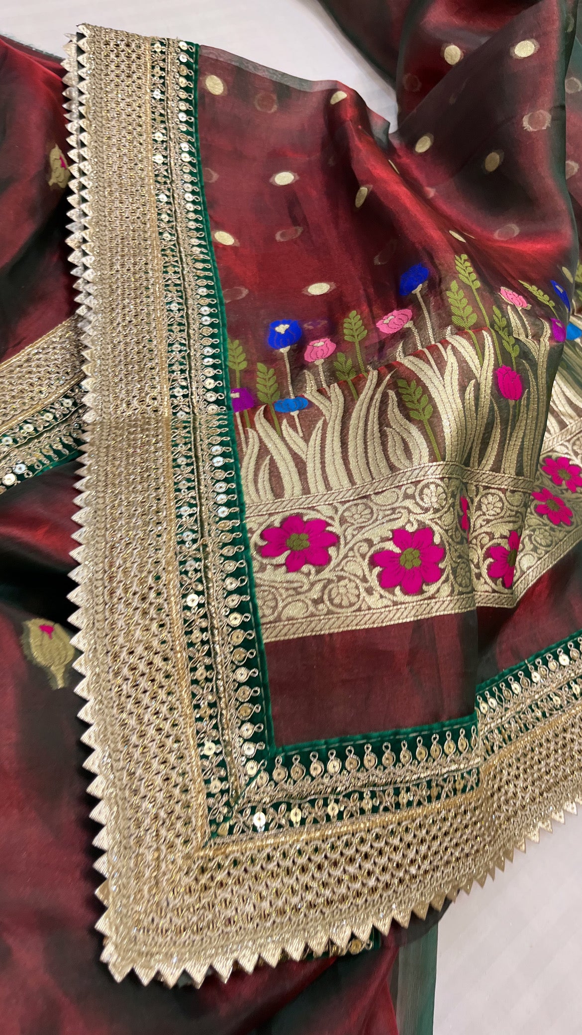 Heermandi maroonish-green tissue silk meenakari suit set