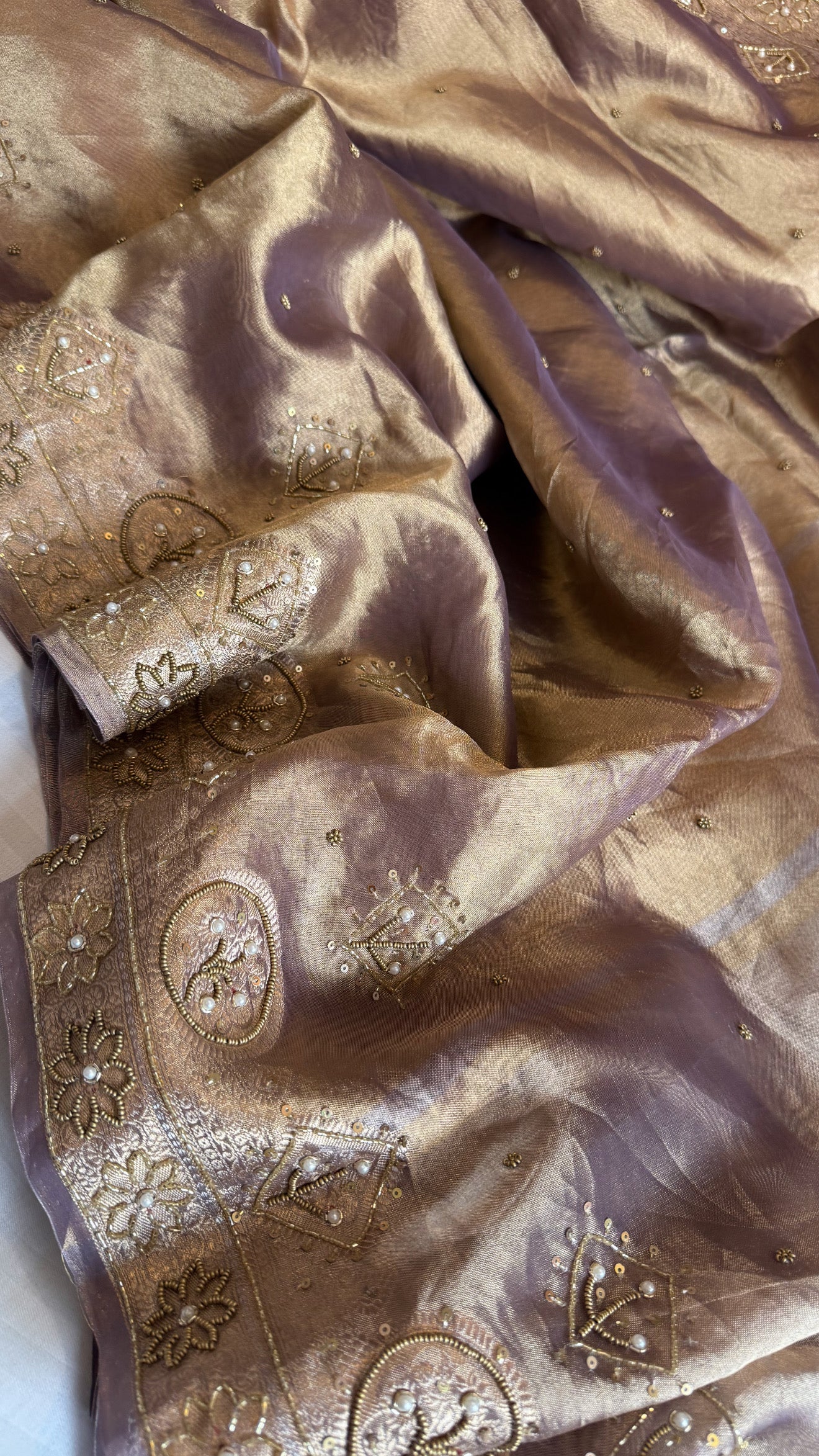 Husn dusty lilac tissue silk heavy hand embroidered saree