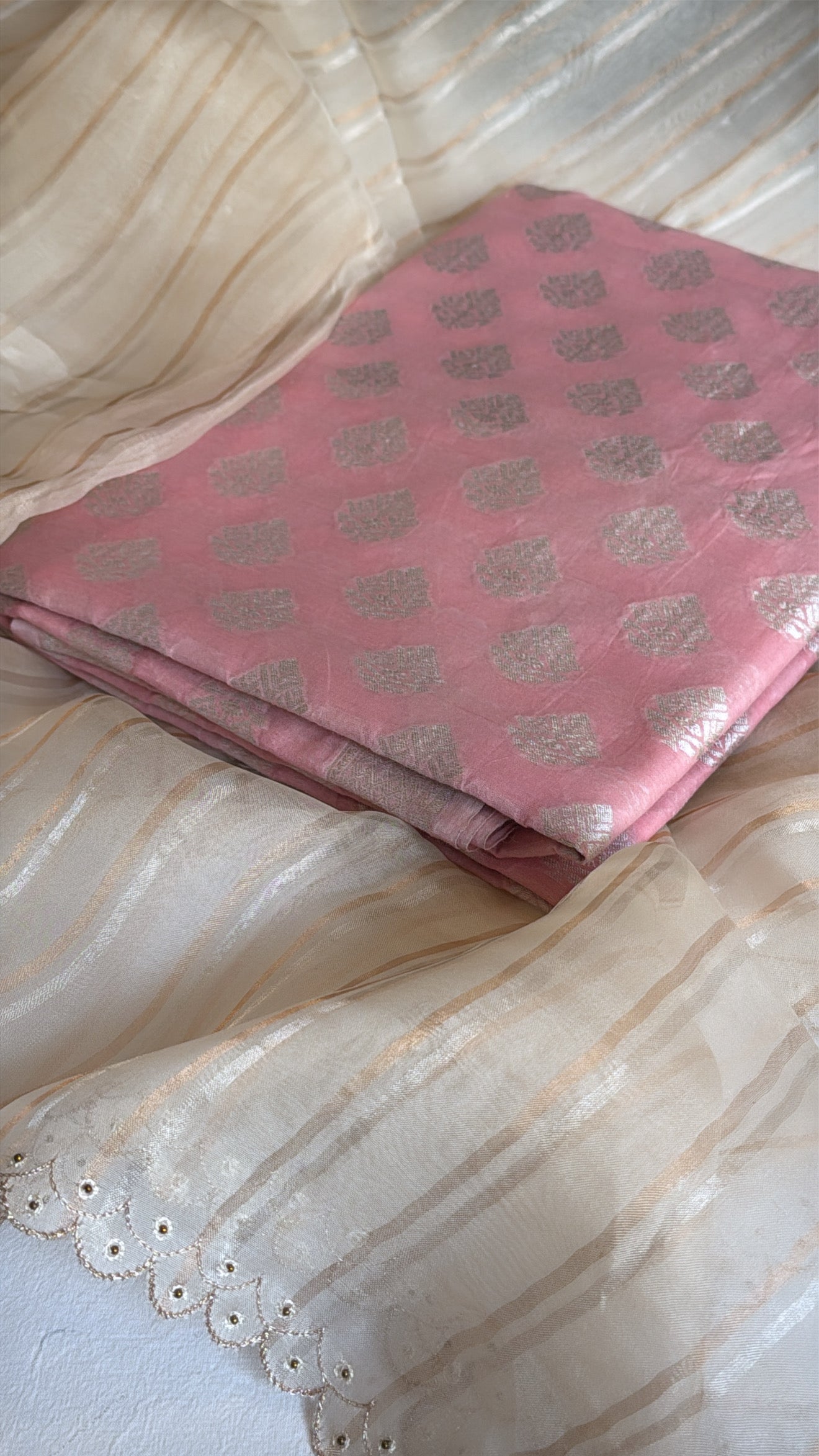 Banarasi handloom cotton kadhwa buti kurta paired with kora silk striped scalloped hand embroidered duppata set