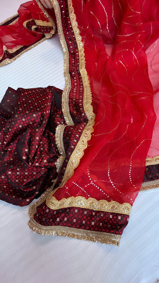 Blood maroonish red mashru tanchoi silk kurta paired with kora silk mukaish badla duppata set