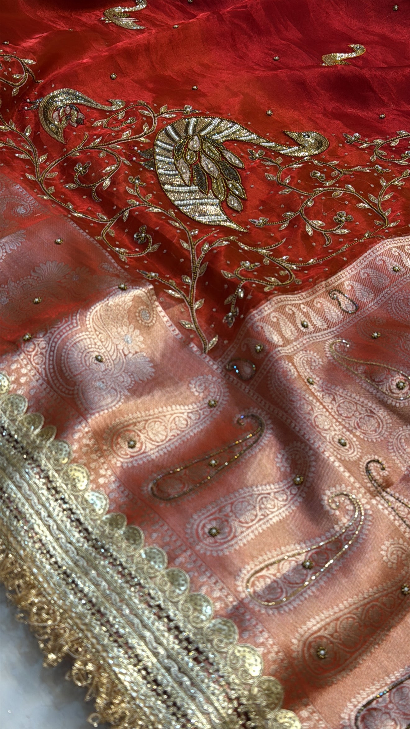 Dulhan ka joda husn red tissue silk hand embroidered saree