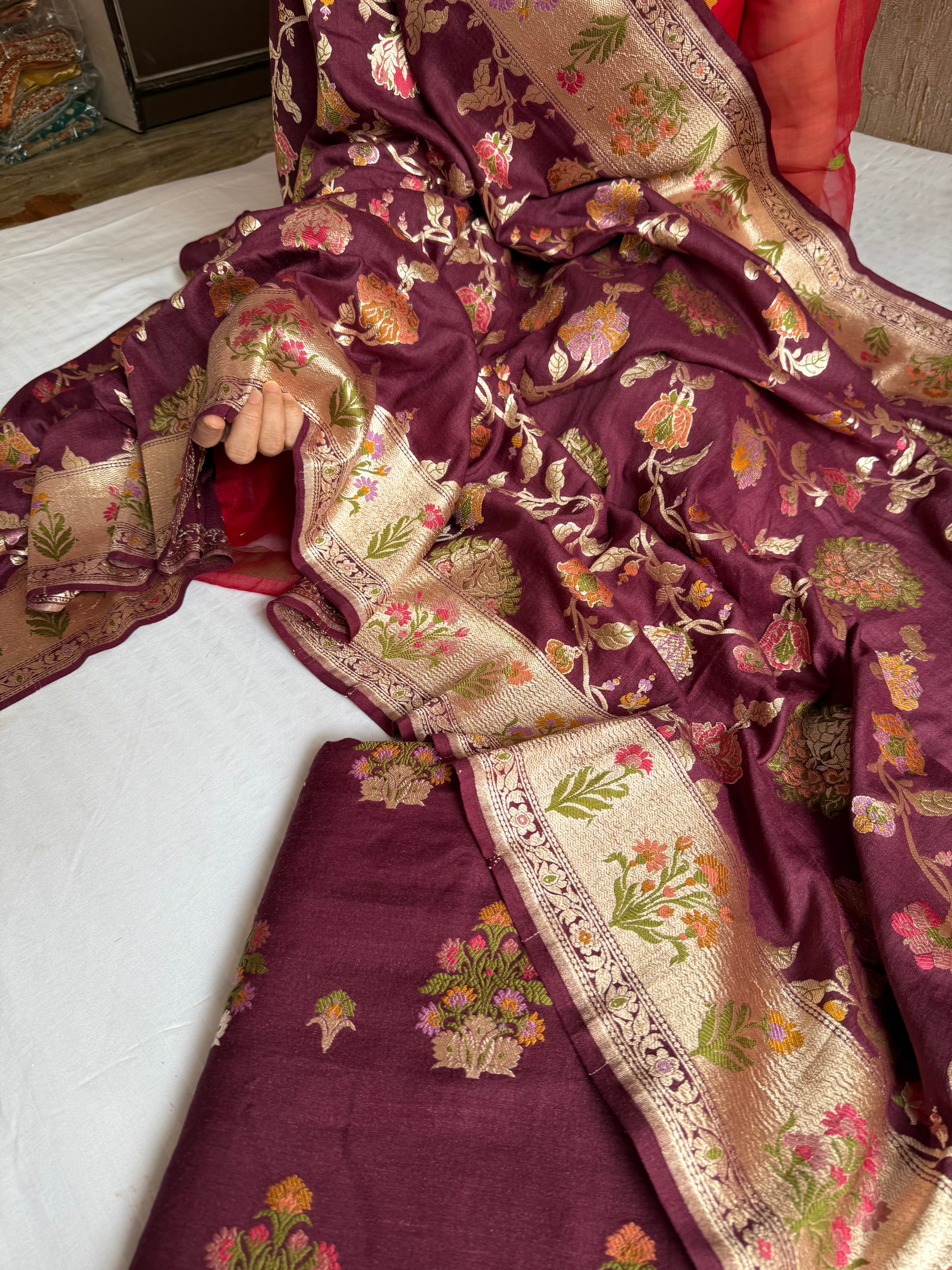 Bergundy moonga silk kadhwa meenakari jungla suit set