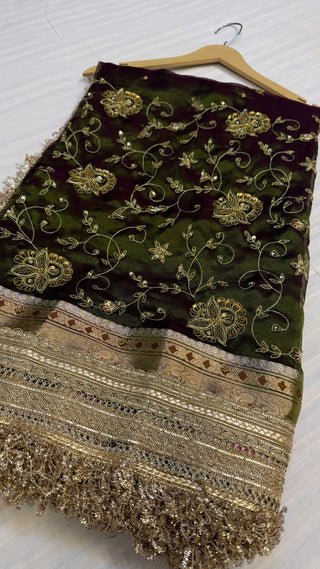 Trousseau edit — Mehendi green husn tissue silk hand embroidered saree