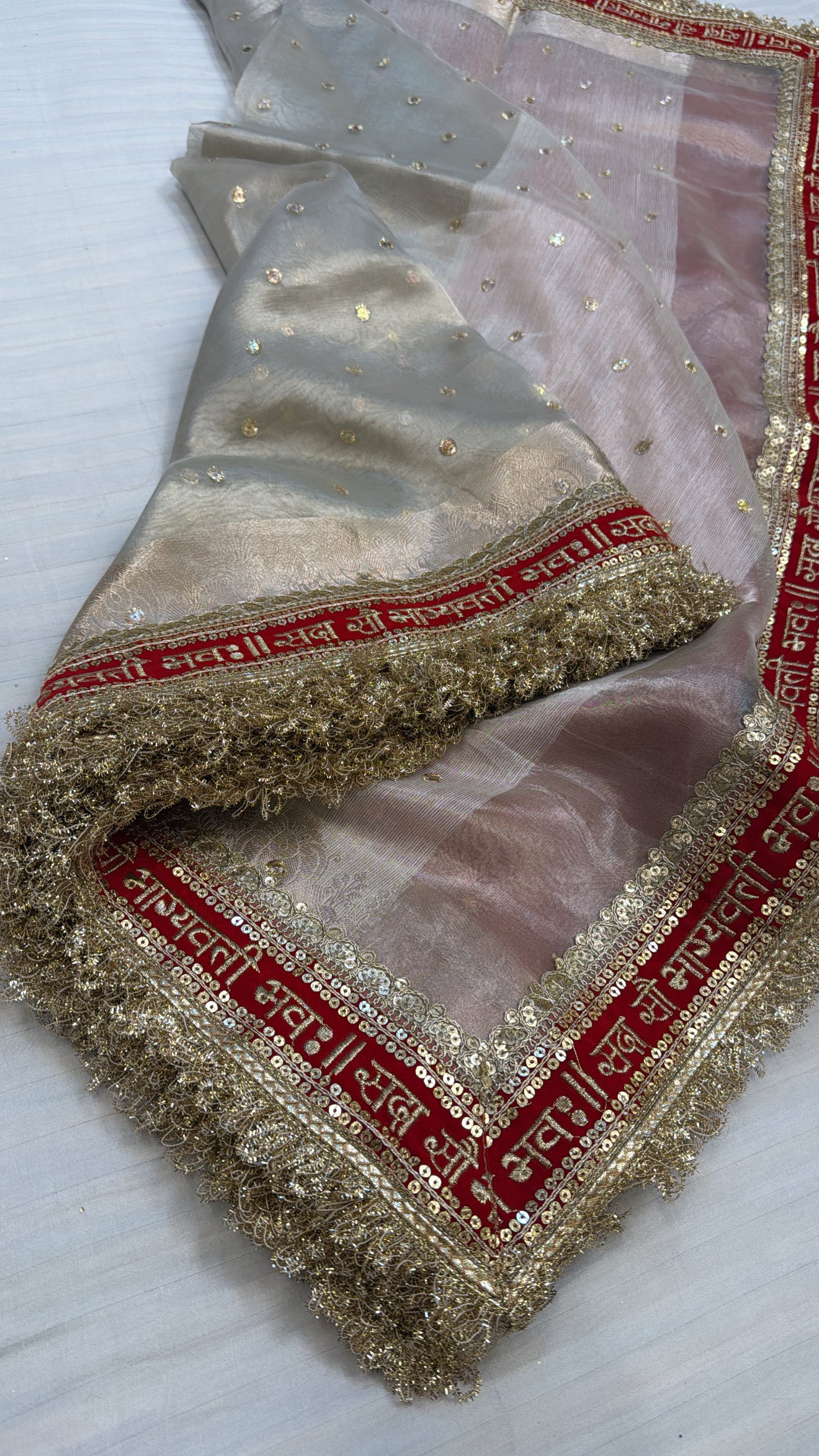 “Sada saubhagyawati” border panetar tissue silk white-red border kadhwa saree