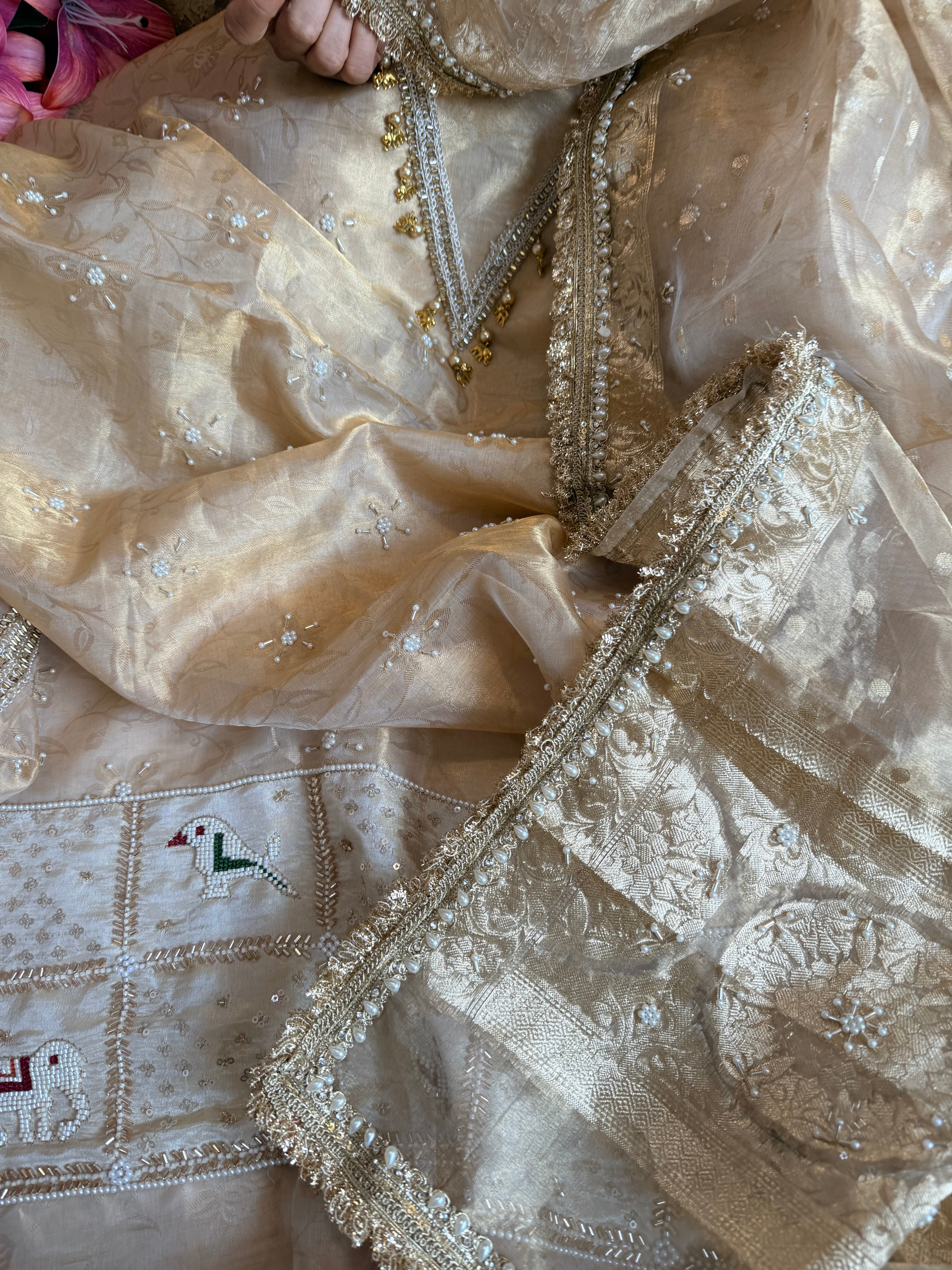 Butter gold patola patchwork hand embroidered tissue silk suit set available on preorder of 10-15 days