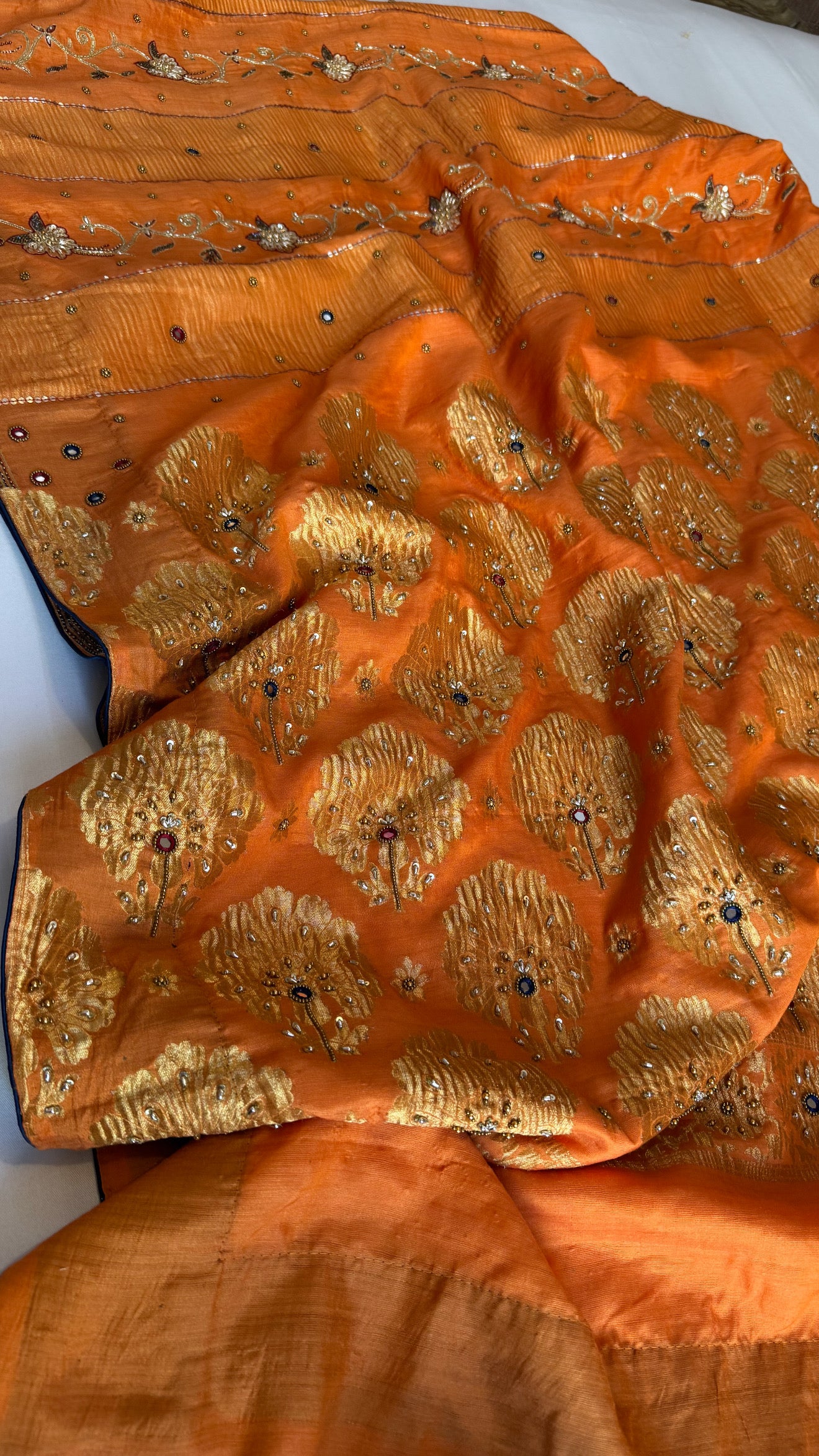 Mastani edit - Fanta orange moonga silk hand embroidered kadhwa saree