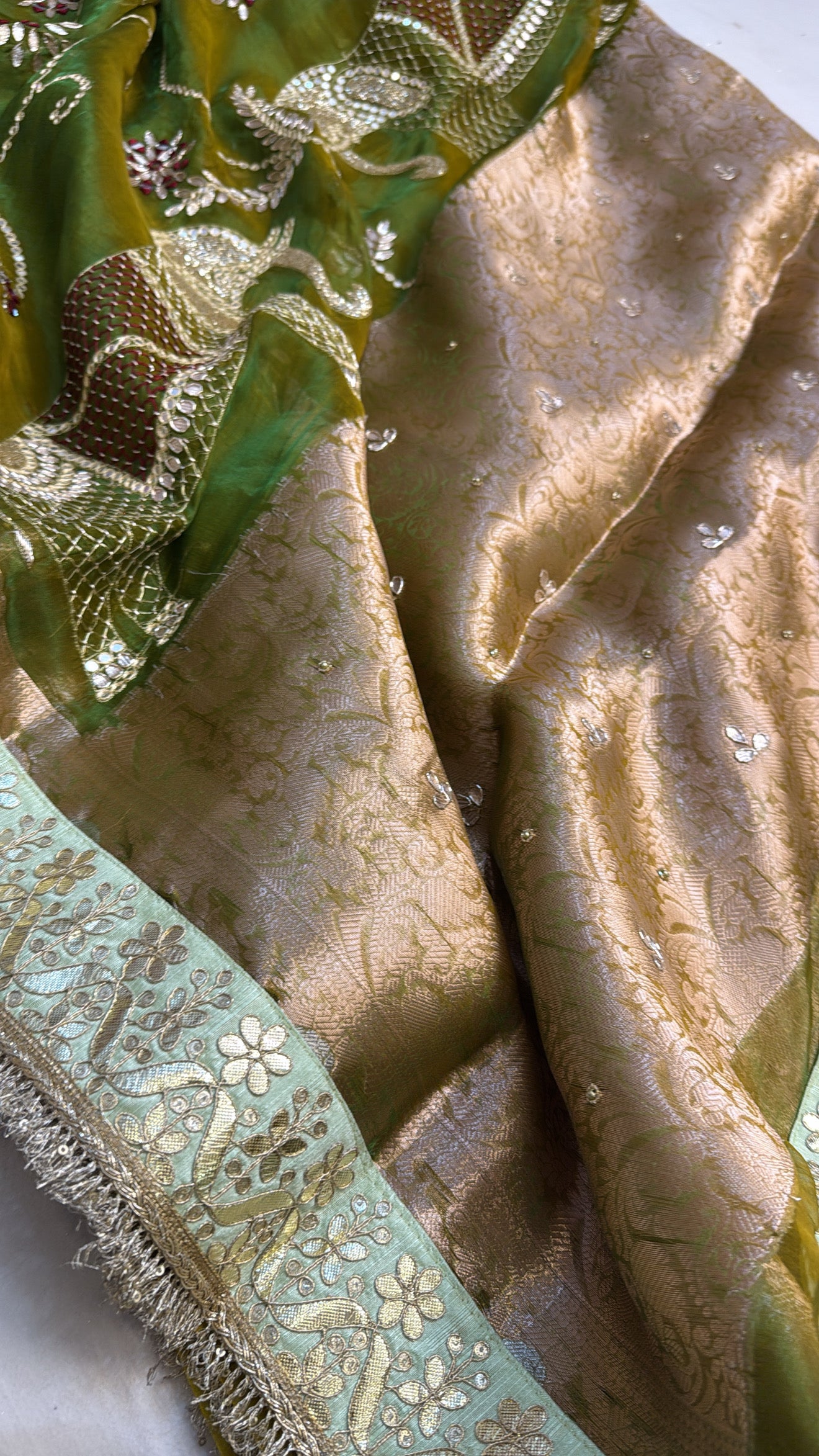 Mehendi green elephant motif heavy mirror work hand embroidered kadhwa saree