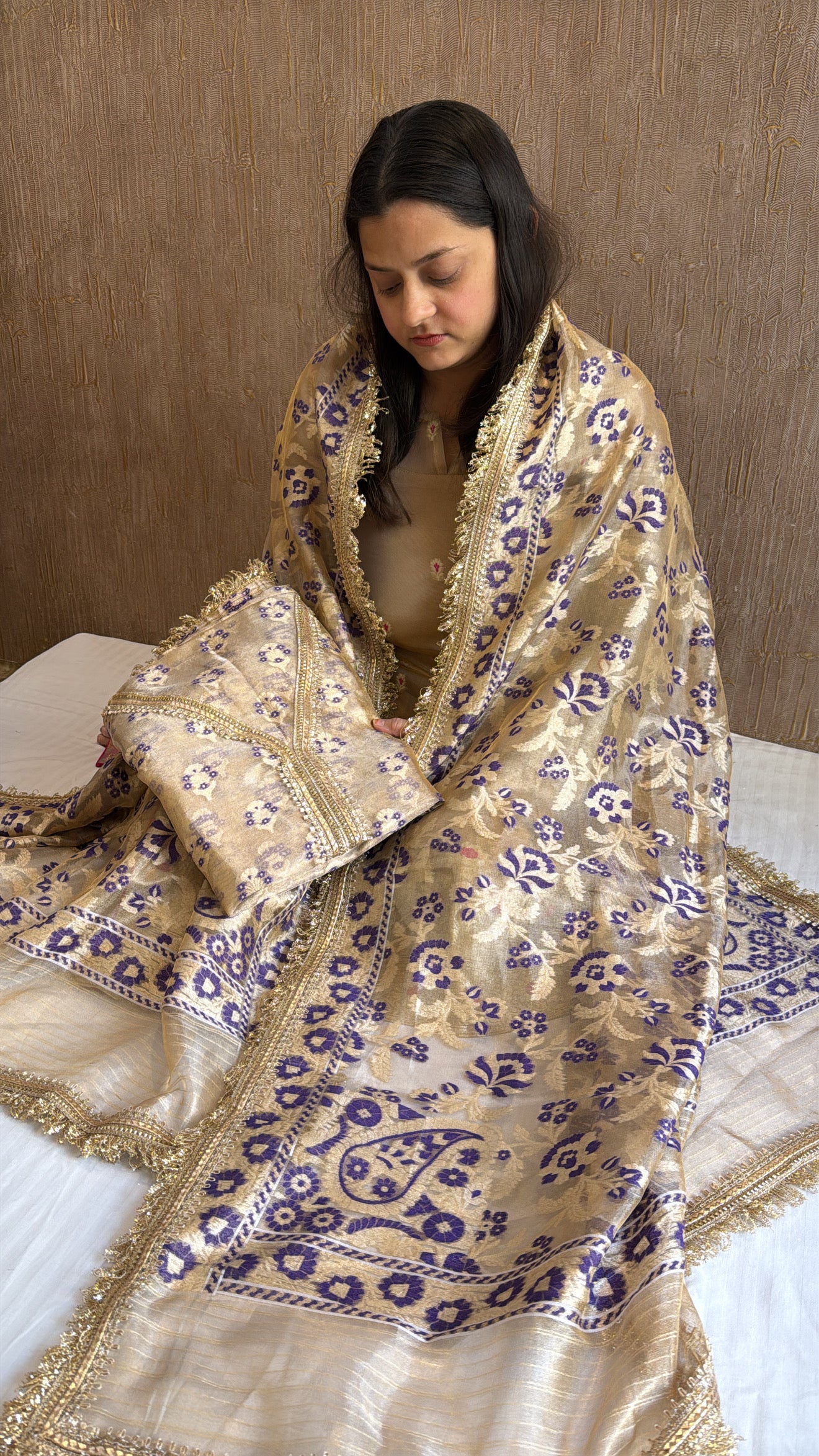 Vivah edit - Golden tissue silk jamdani meenakari weaving hand embroidered kadhwa suit set