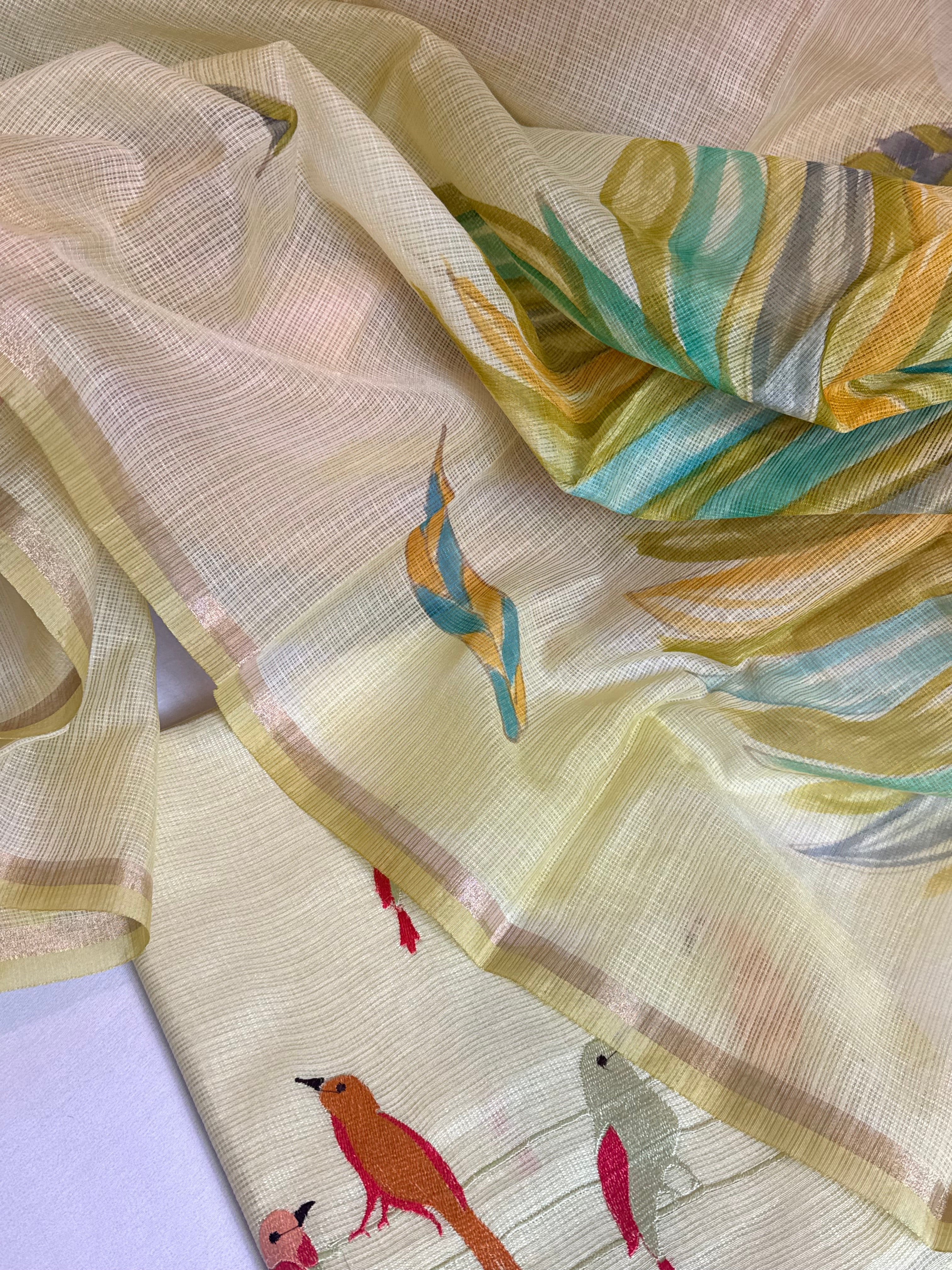 BELOW 8K - Lime shade cotton kota silk resham work banarasi suit set