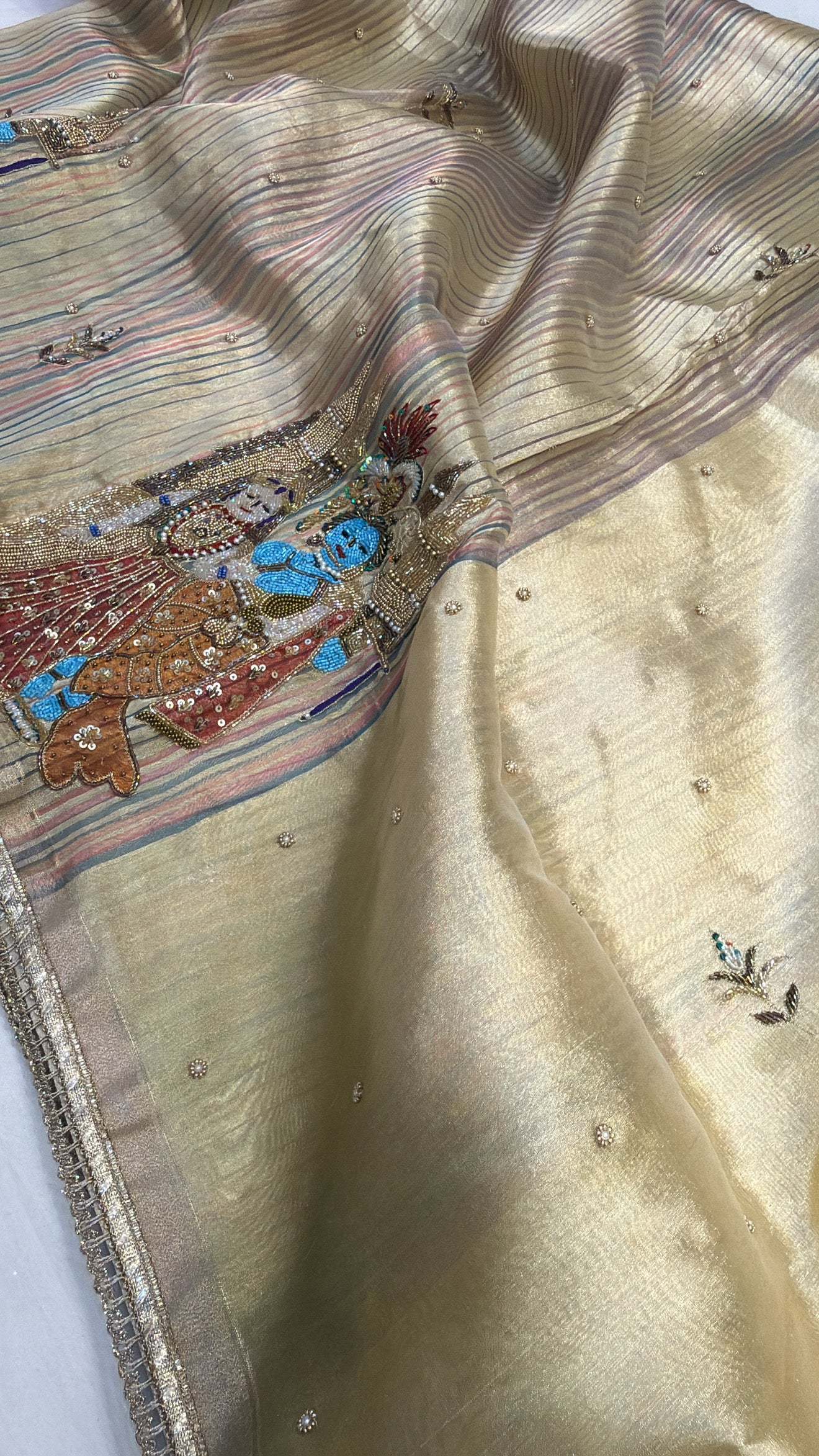 Rasleela tissue silk striped husn hand embroidered kadhwa saree