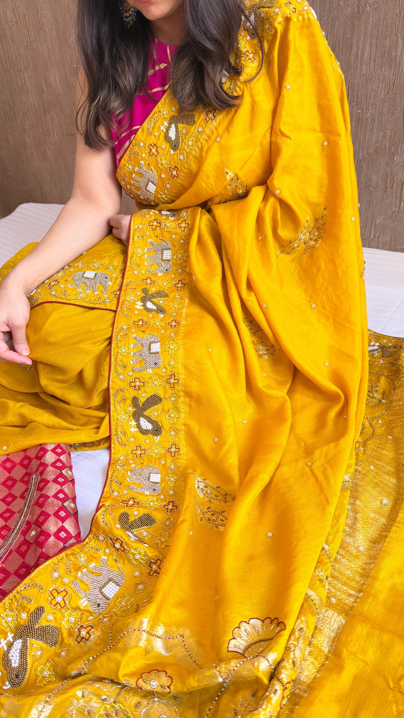 Moonga silk ikkat patola inspired hand embroidered kadhwa saree