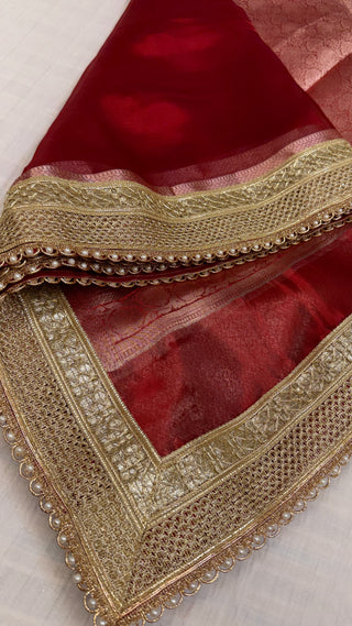 Maharani metallic ruby red tissue silk kadhwa saree