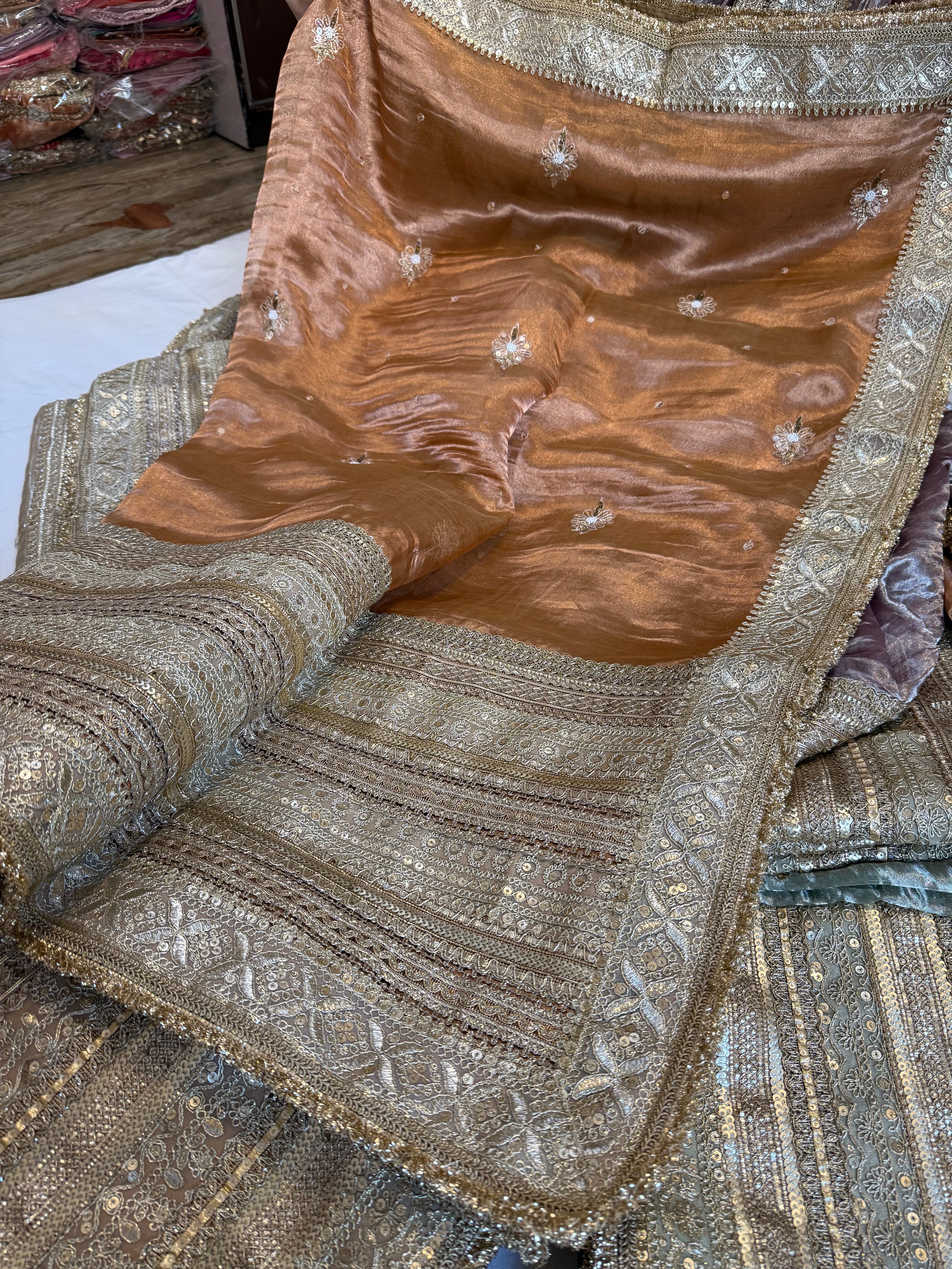 Lehenga style saree edit- Mud brown diamond tissue silk tilli work heavy gotapatti skirt border saree
