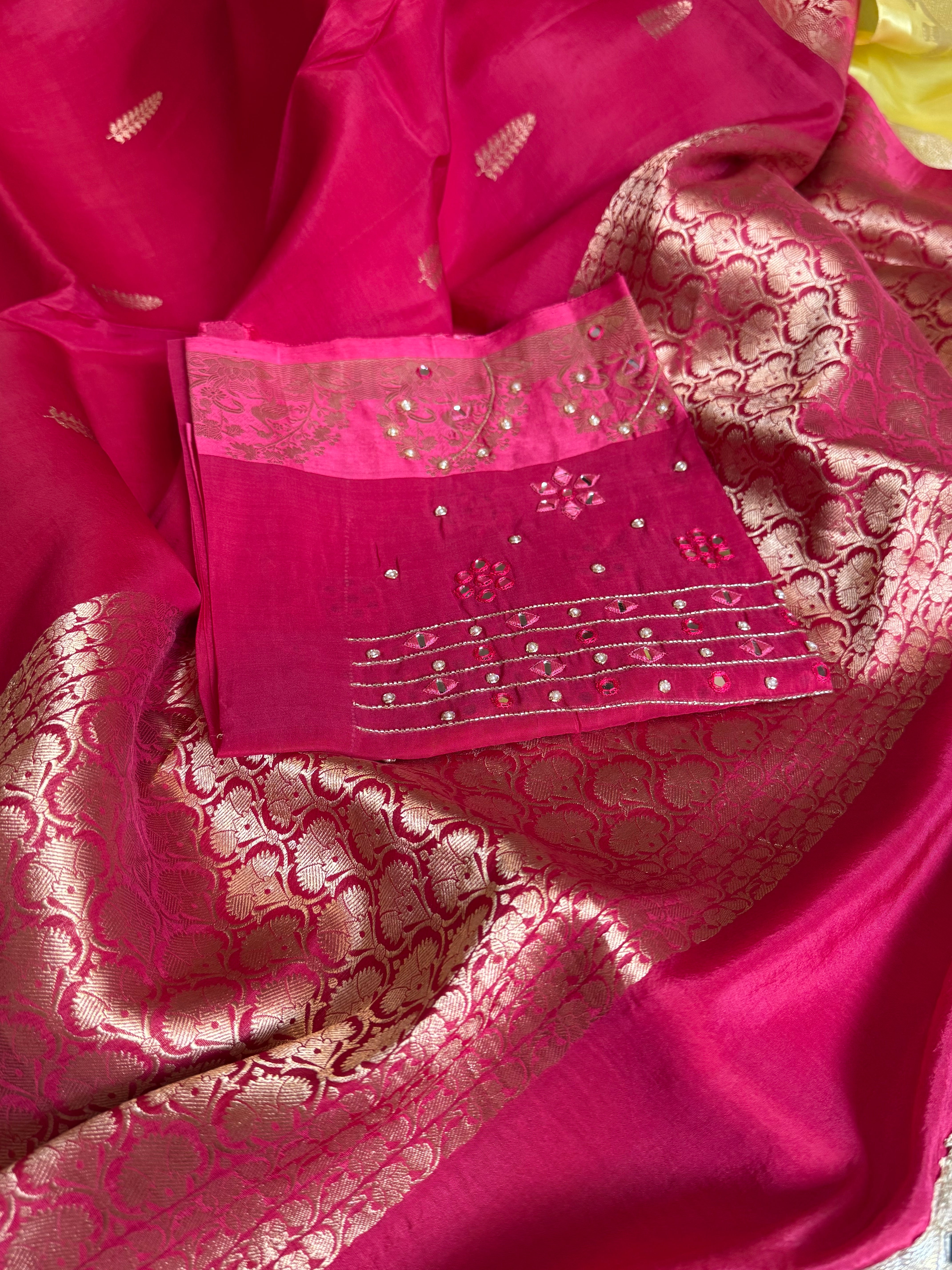 Rani pink banarasi kora silk hand embroidered kadhwa saree