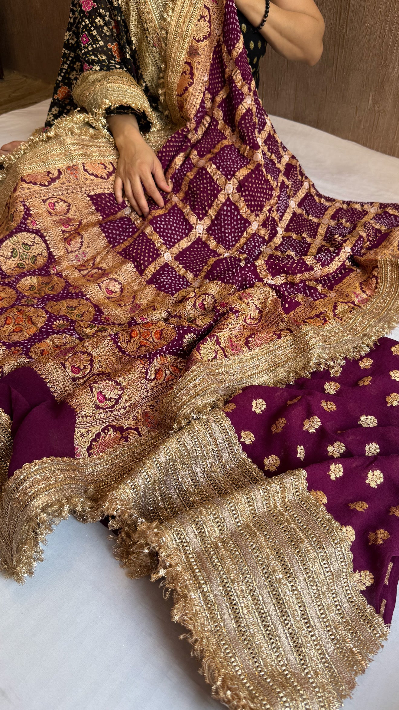 Deep plum-purple rai banarasi bandhej gorgette kadhwa gotapatti suit set