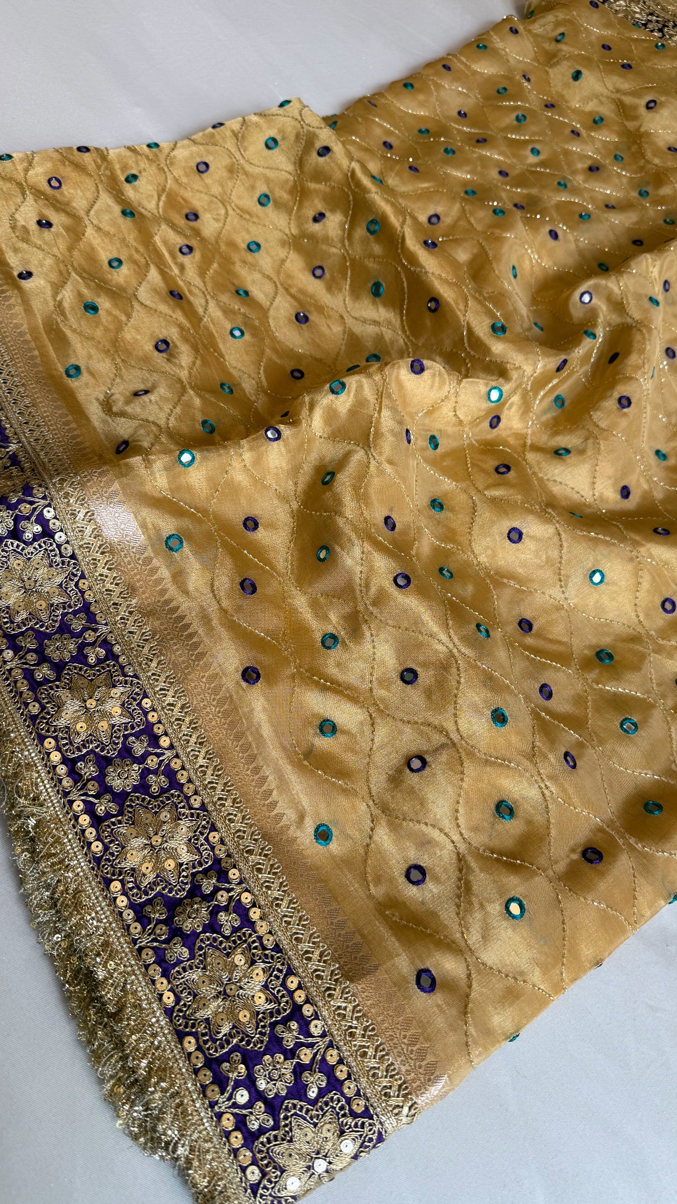 Sheesham edit - Heavy double tissue silk mirror work hand embroidered saree