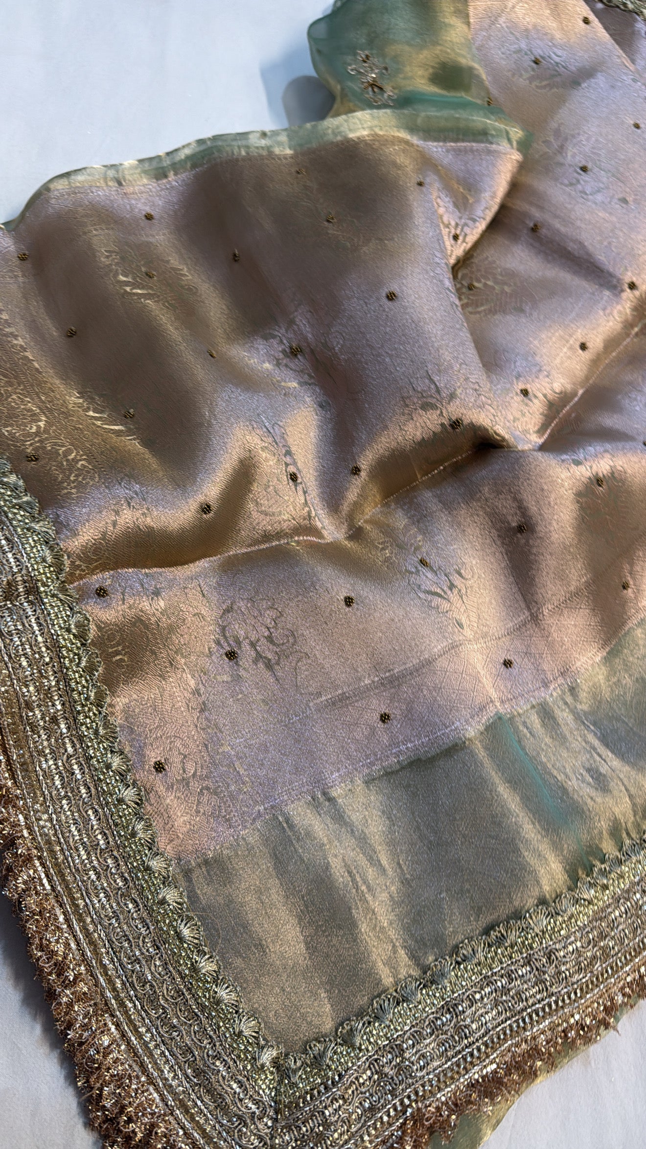 Candy green tissue silk hand embroidered kadhwa gotapatti saree