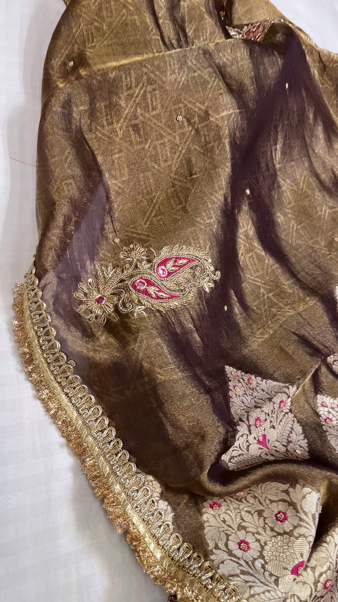 Husn antique purple tissue silk hand embroidered saree