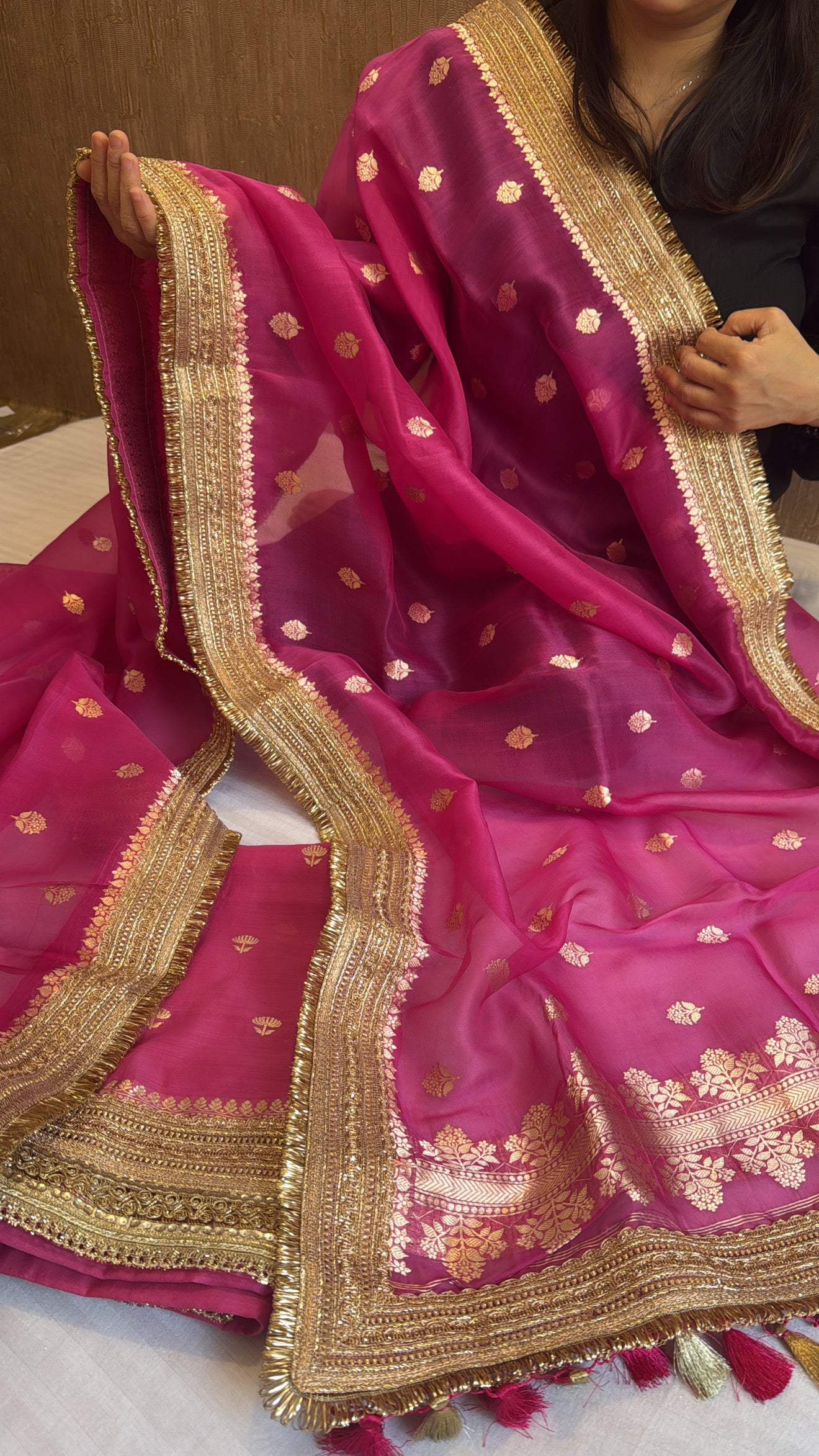 Rani pink kora silk kadhwa gotapatti suit set