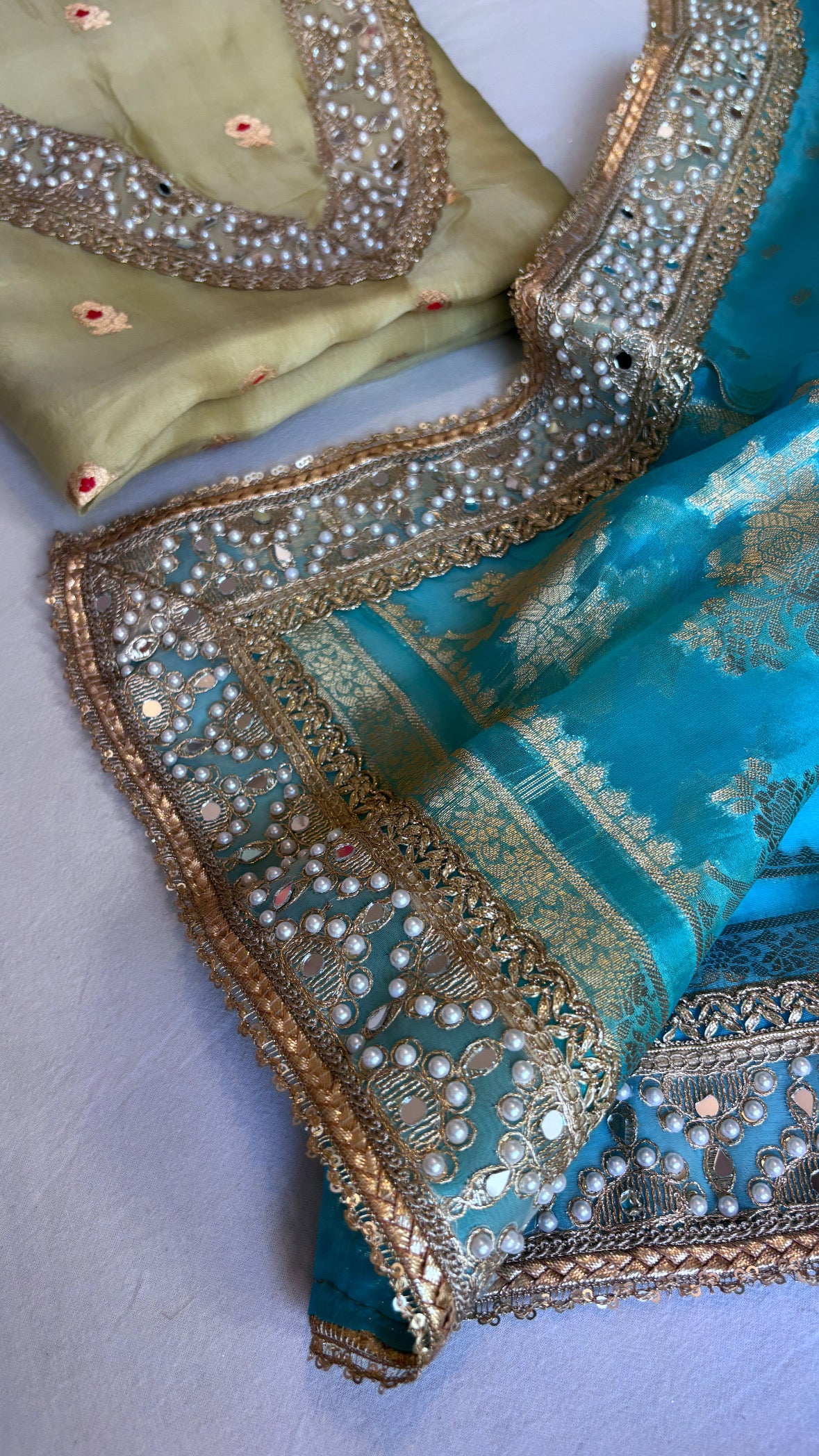 Banarasi kora silk lime yellow-firozi blue gotapatti combination suit sets