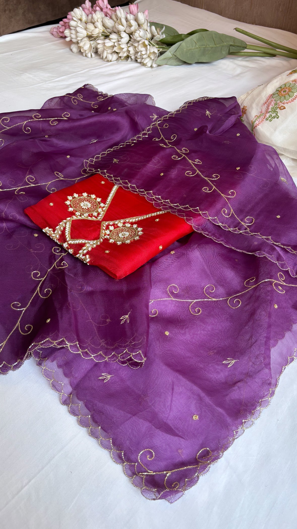 Husn red-purple shade kora silk hand embroidered suit set