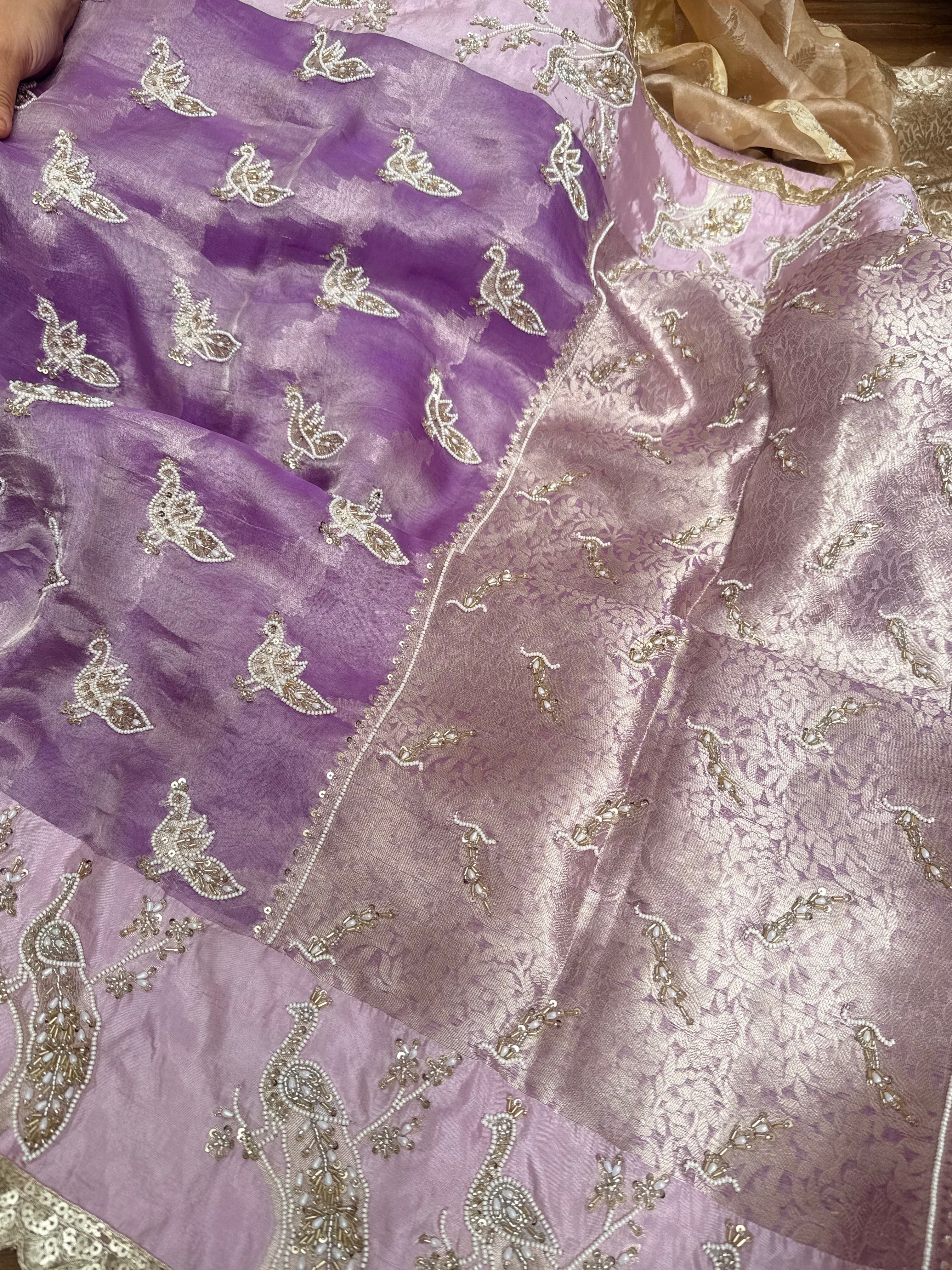 Tyohaar edit - Pearlwork morni hand embroidered tissue silk kadhwa saree