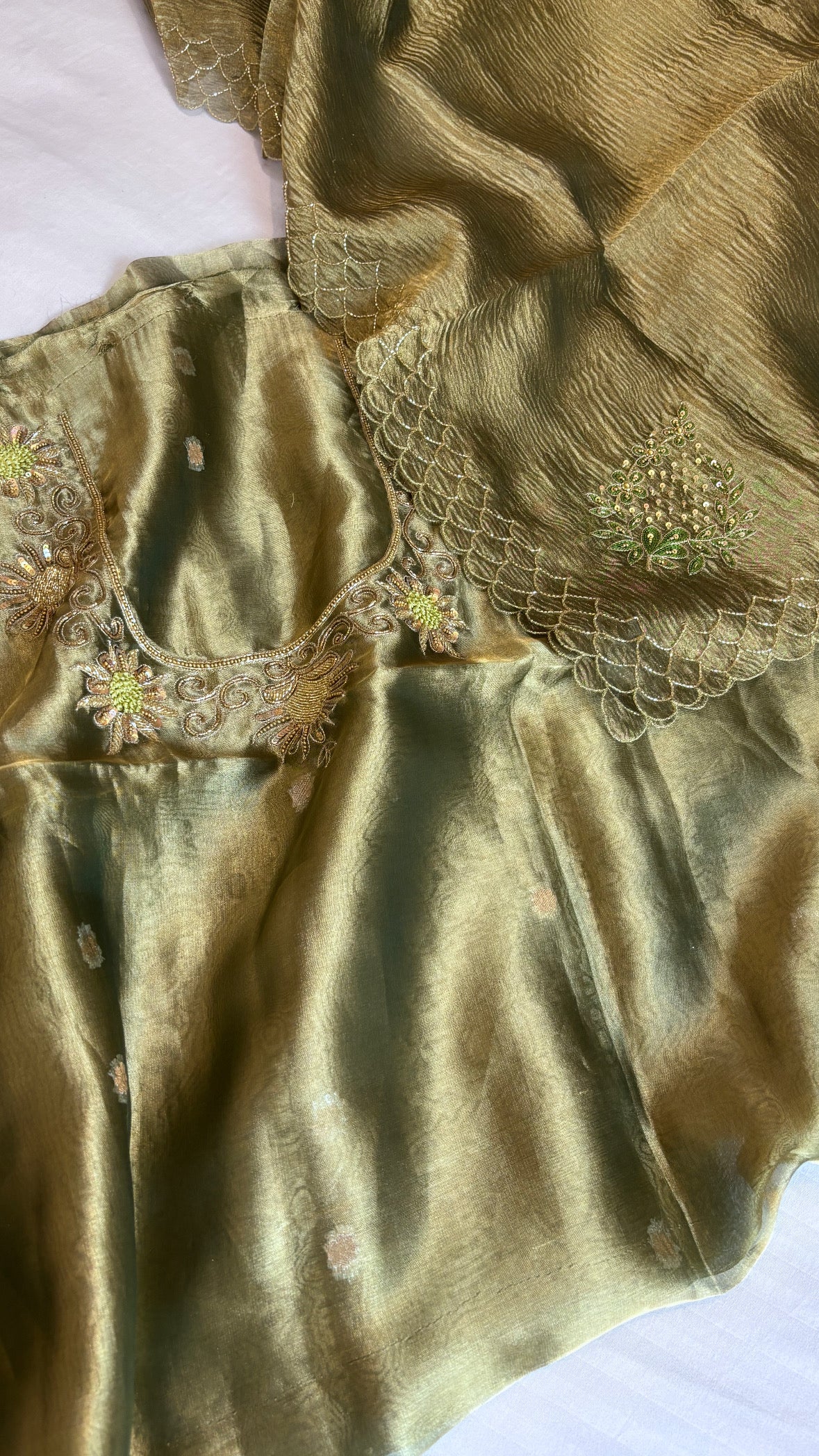 1970s era mint green tissue silk hand embroidered suit sets