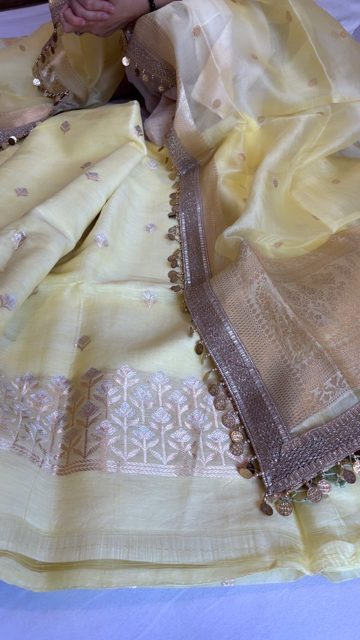 Soft lime linen gorgette kurta paired with kora silk hand woven duppata sets