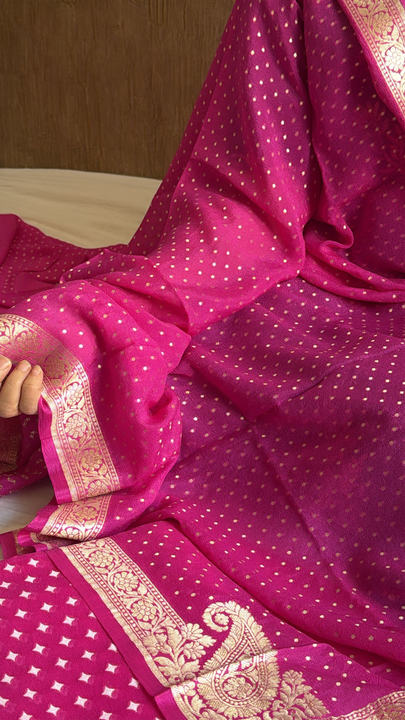 Vivah edit - Hot pink chiffon gorgette chunri buti Banarasi suit set