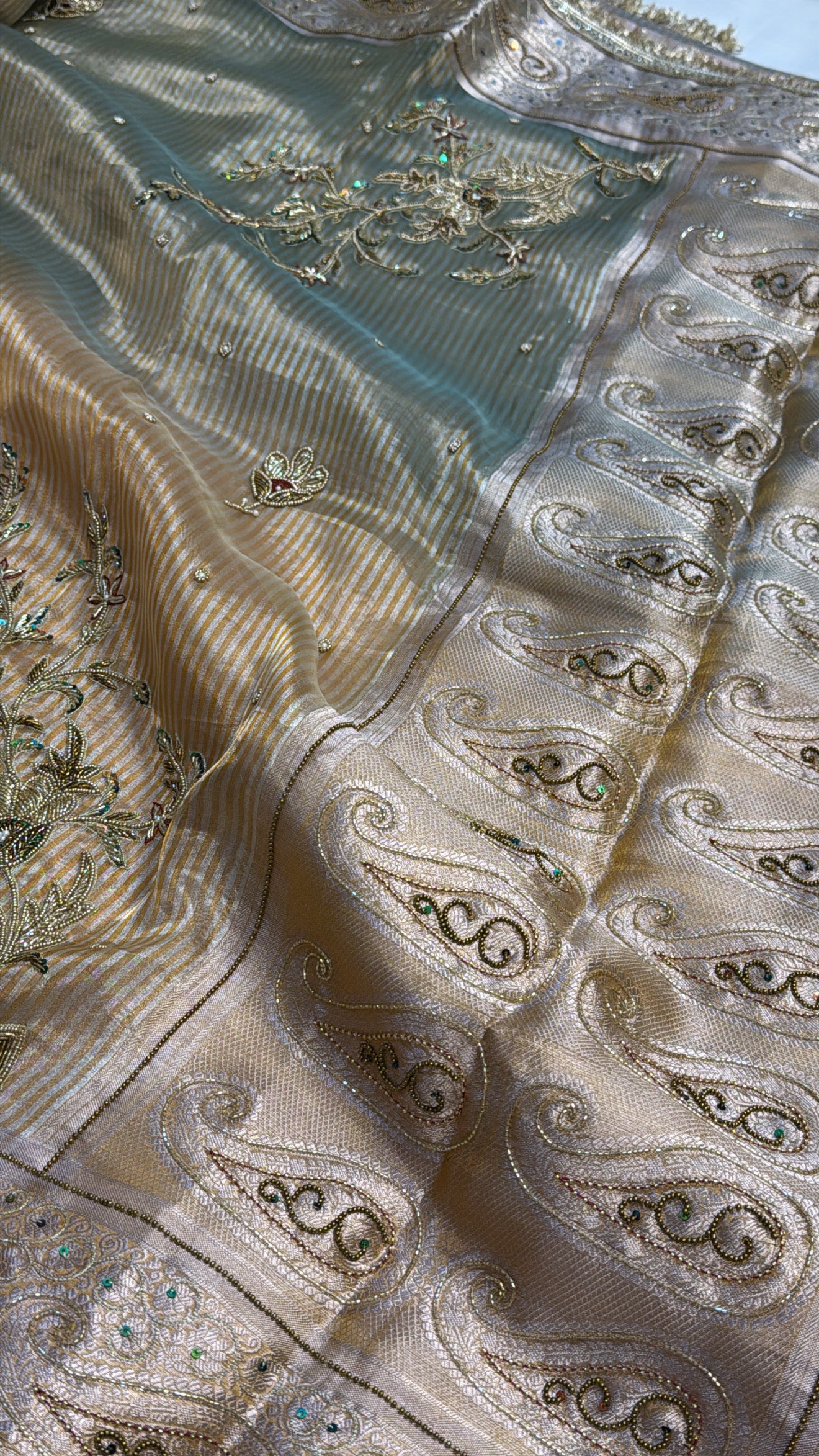 Beige-blue ombre shaded tissue silk hand embroidered saree